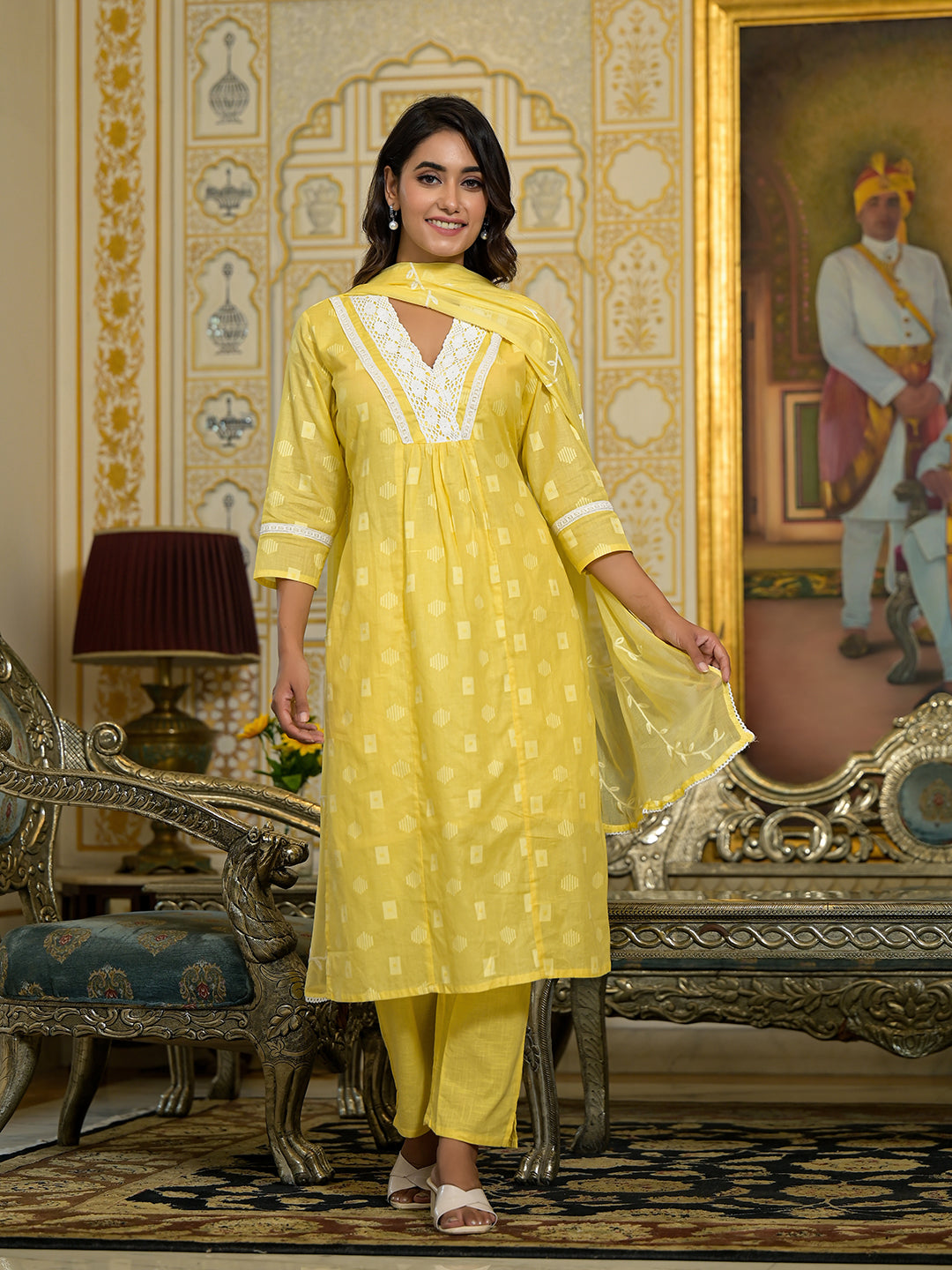 Dhiyona VR Women's Yellow V Neck Embroidered Kurta Set With Dupatta