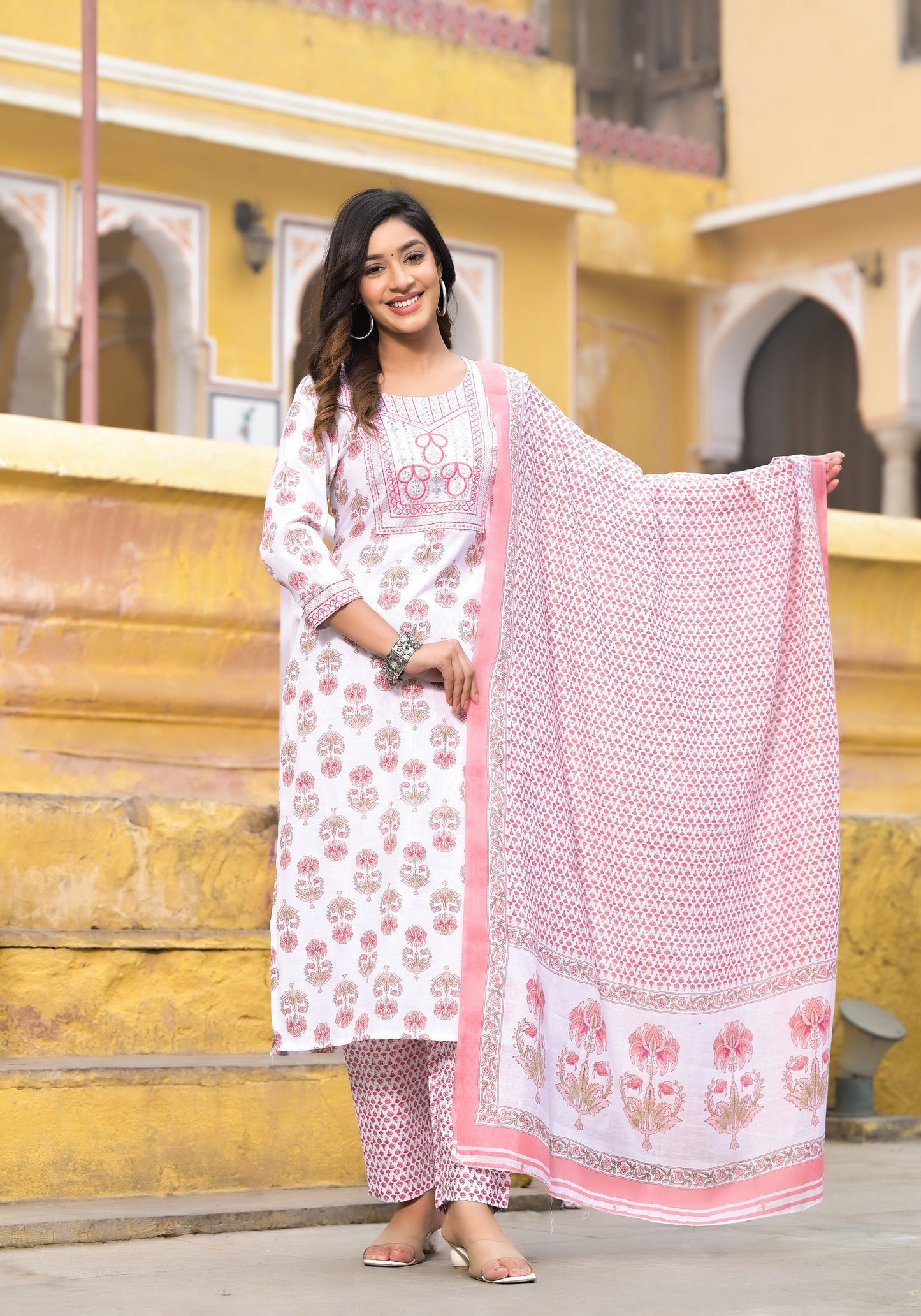 Women Lotus Pink Printed Viscose Rayon Kurta, Pant And Dupatta Set
