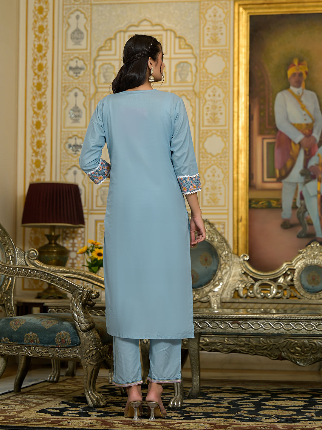 Dhiyona VR Women's Blue Chikankari Embroidered Kurta Set With Dupatta