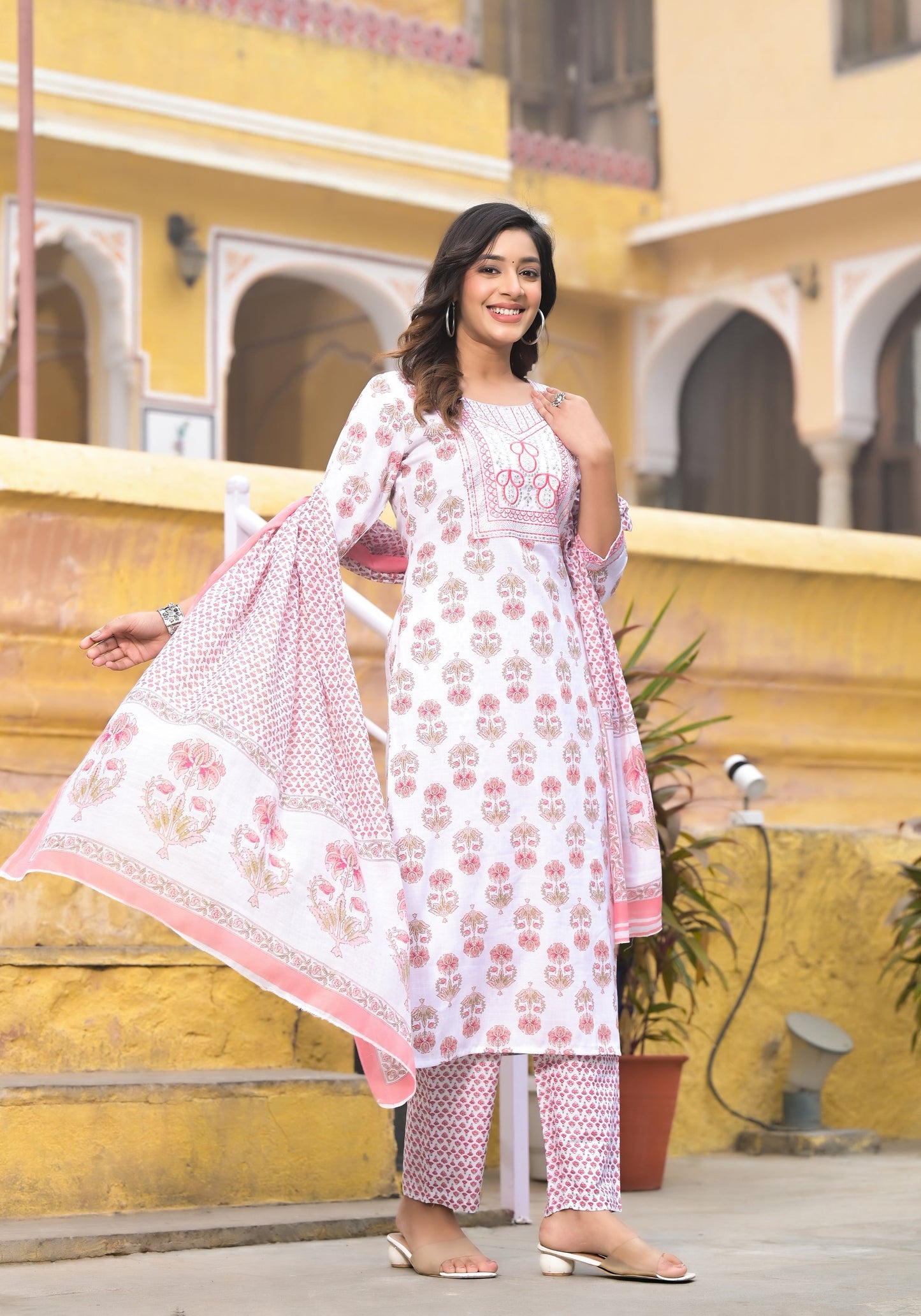 Women Lotus Pink Printed Viscose Rayon Kurta, Pant And Dupatta Set