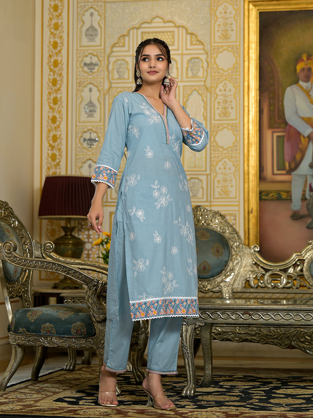 Dhiyona VR Women's Blue Chikankari Embroidered Kurta Set With Dupatta
