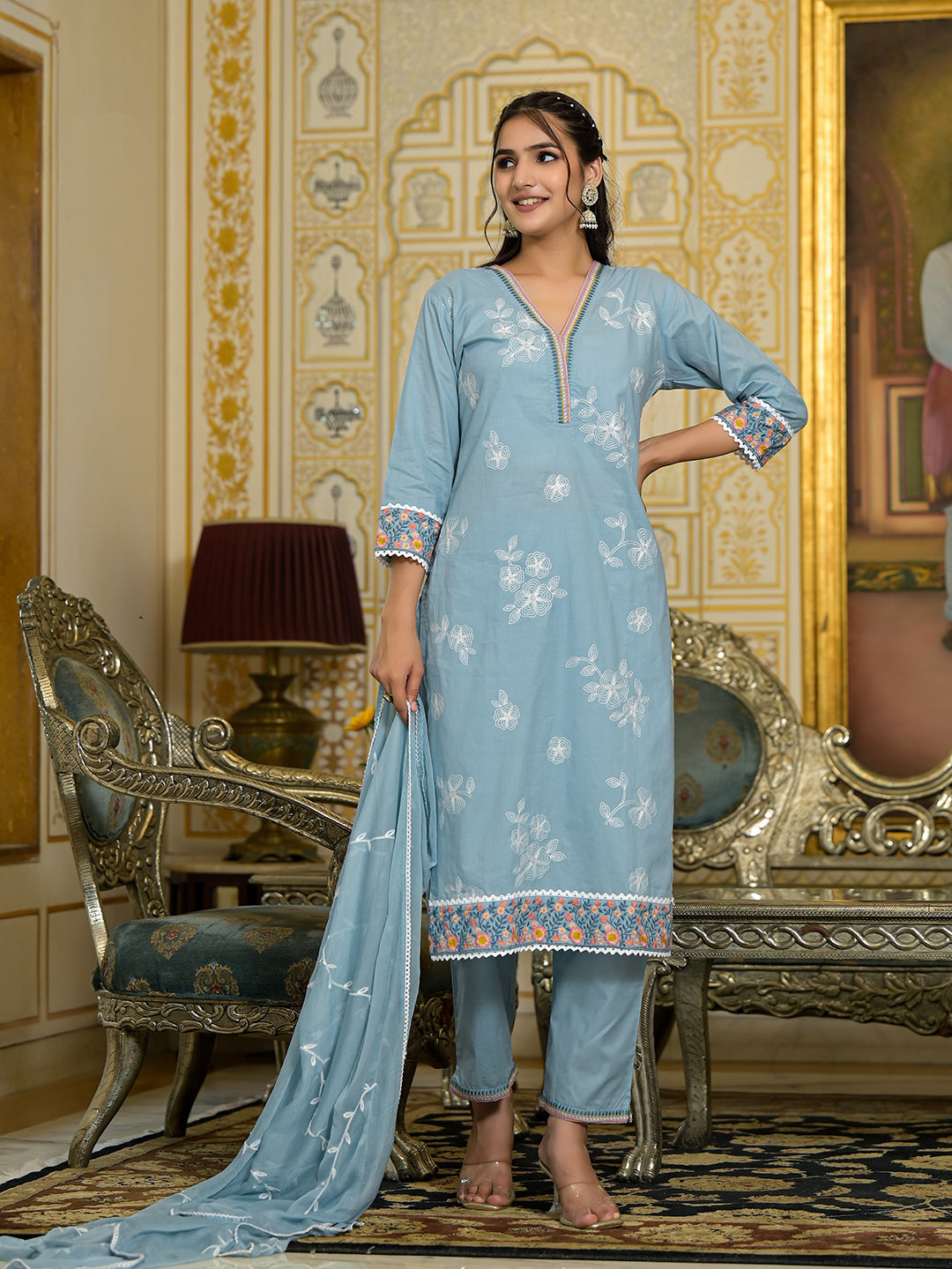 Dhiyona VR Women's Blue Chikankari Embroidered Kurta Set With Dupatta