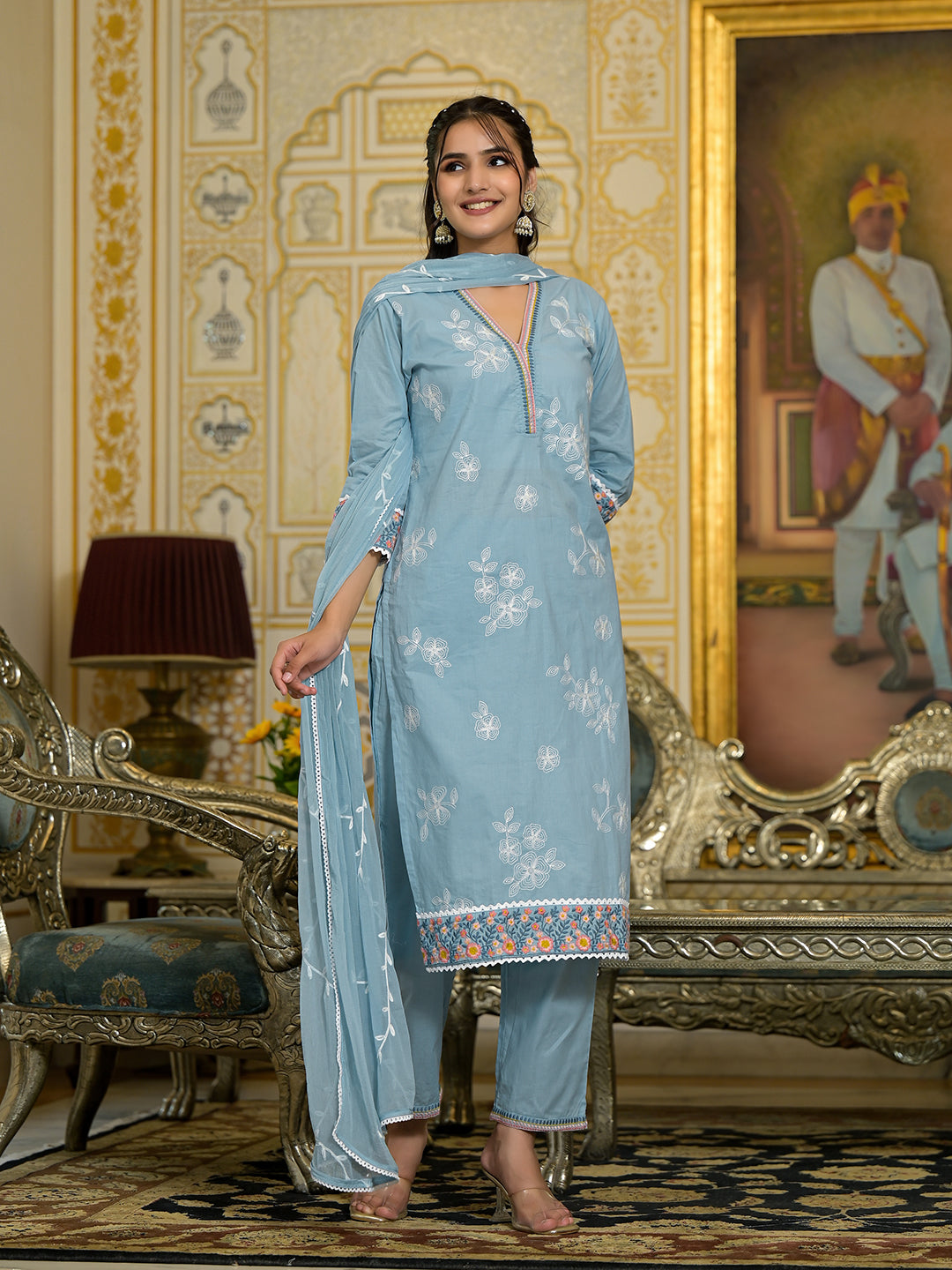 Dhiyona VR Women's Blue Chikankari Embroidered Kurta Set With Dupatta