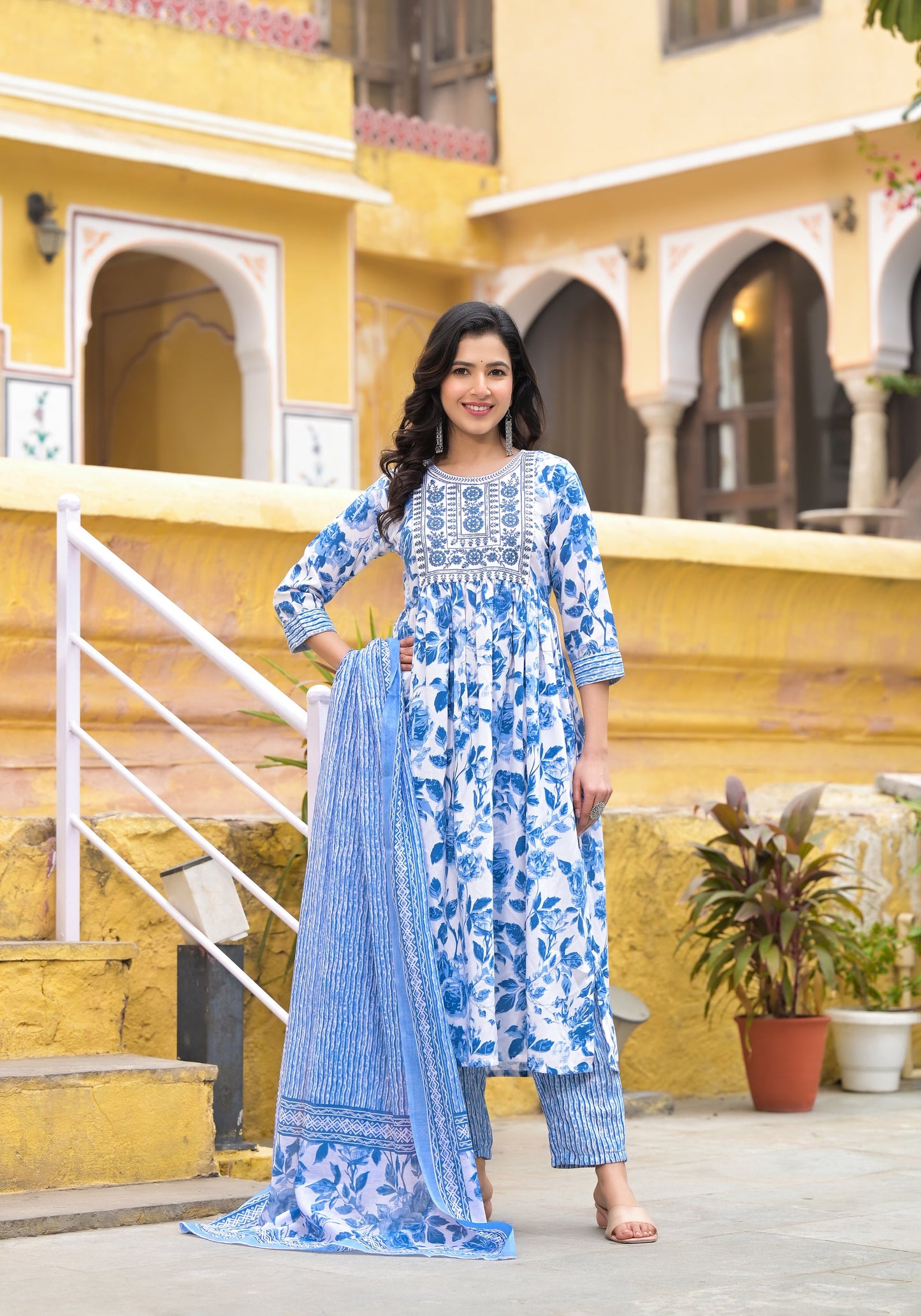Women White, Blue Floral Print Viscose Rayon Kurta, Pant And Dupatta Set