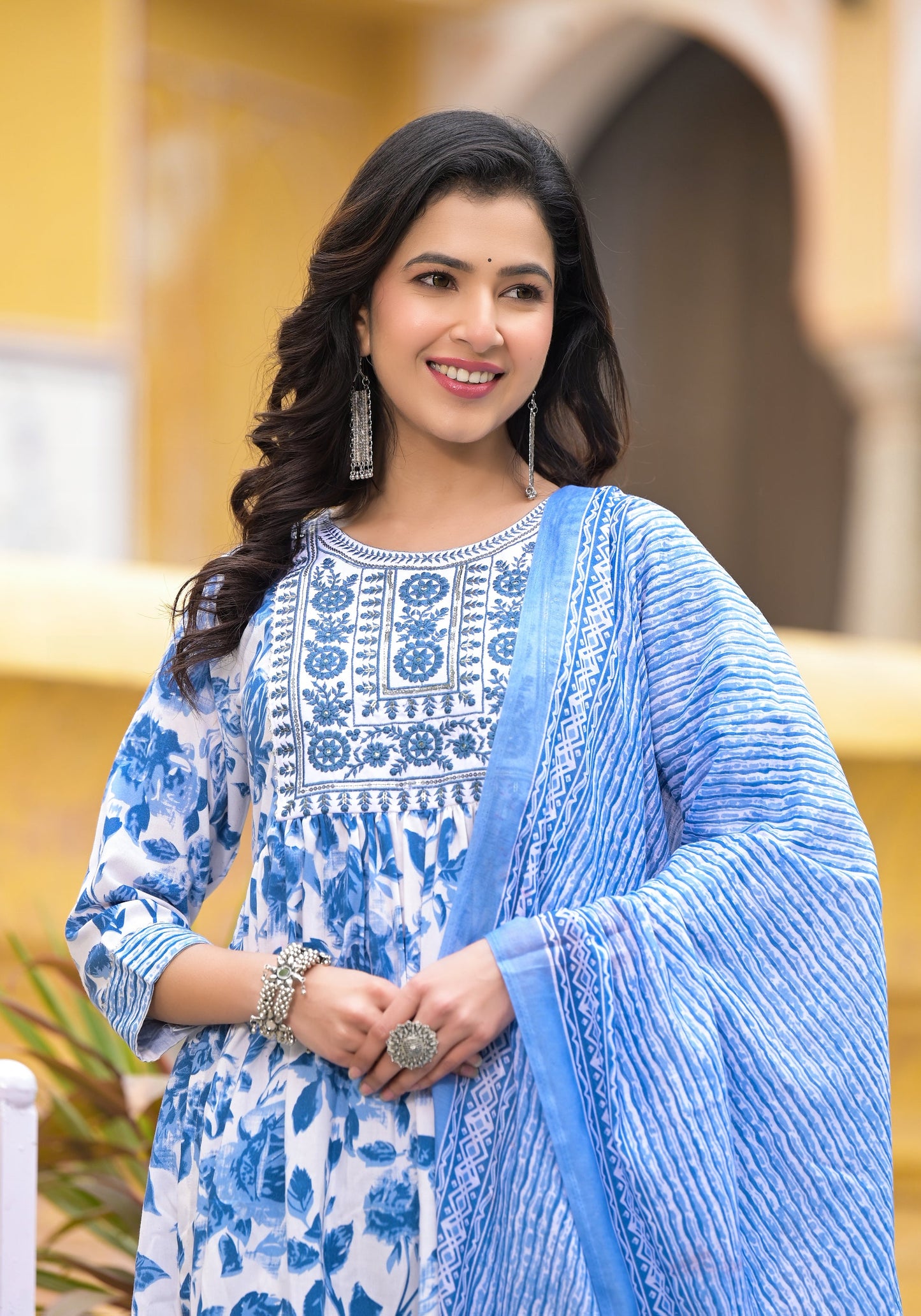 Women White, Blue Floral Print Viscose Rayon Kurta, Pant And Dupatta Set