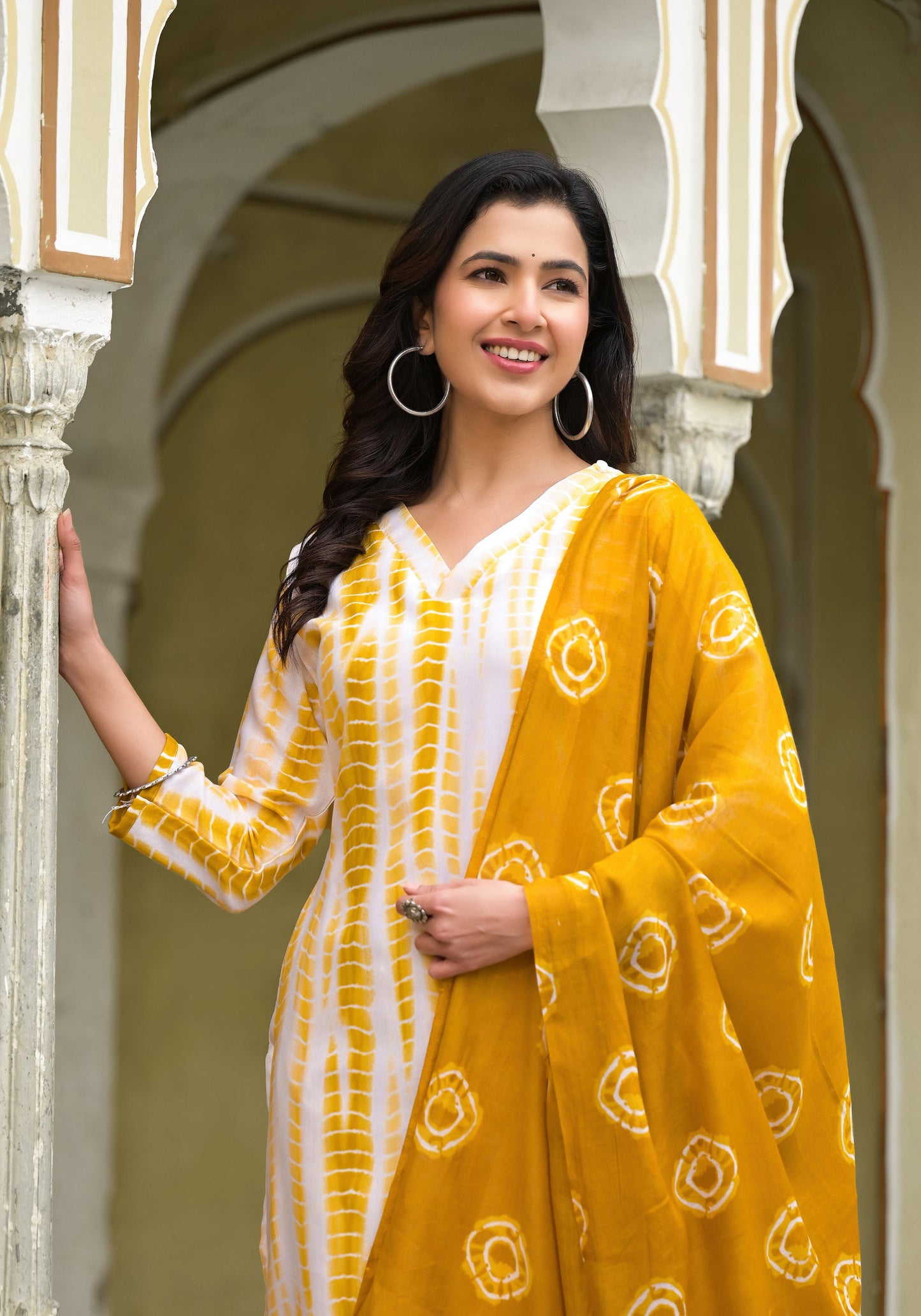Women Yellow Printed Viscose Rayon Kurta, Pant And Dupatta Set