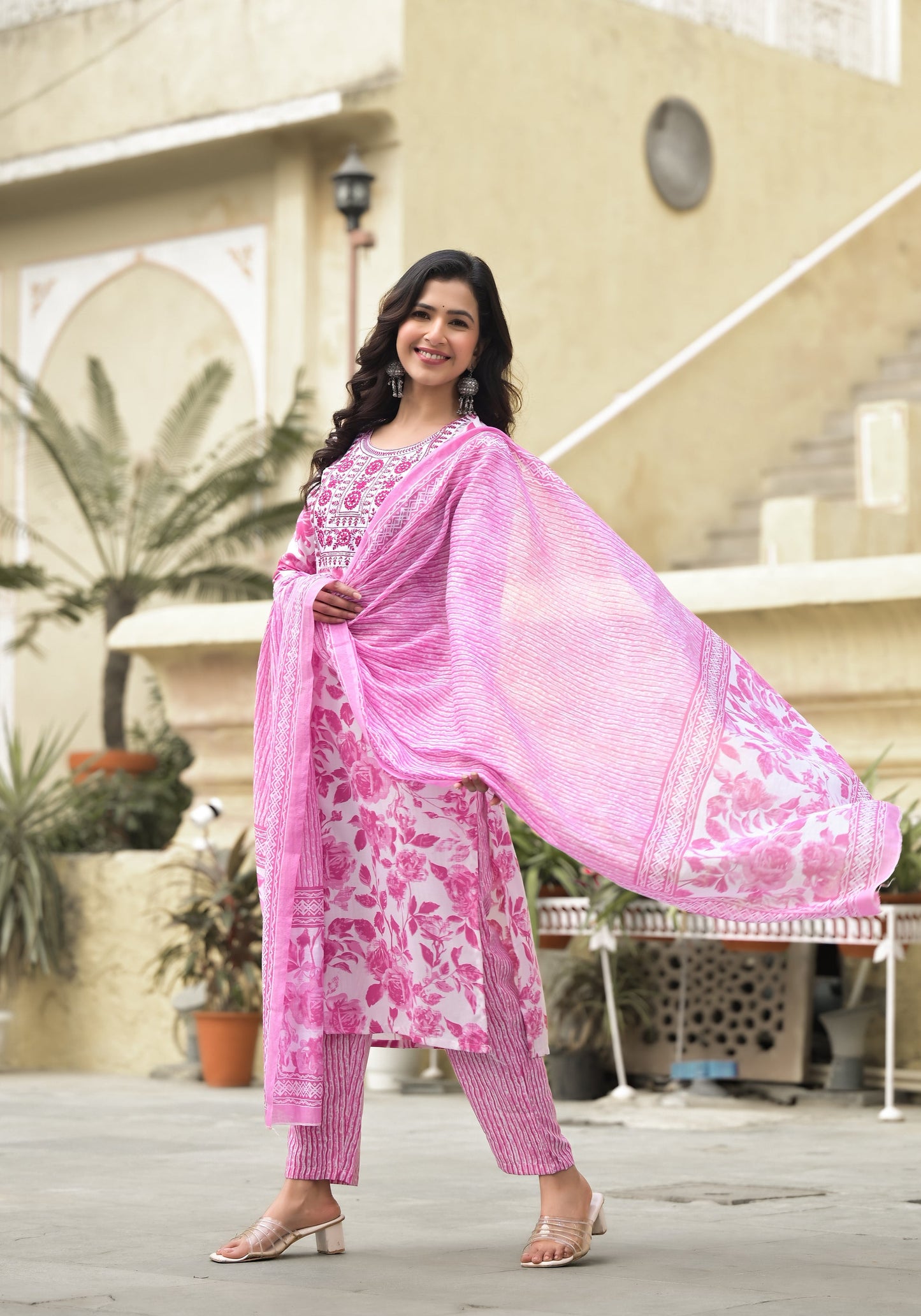 Women Pink, White Floral Print Viscose Rayon Kurta, Pant And Dupatta Set