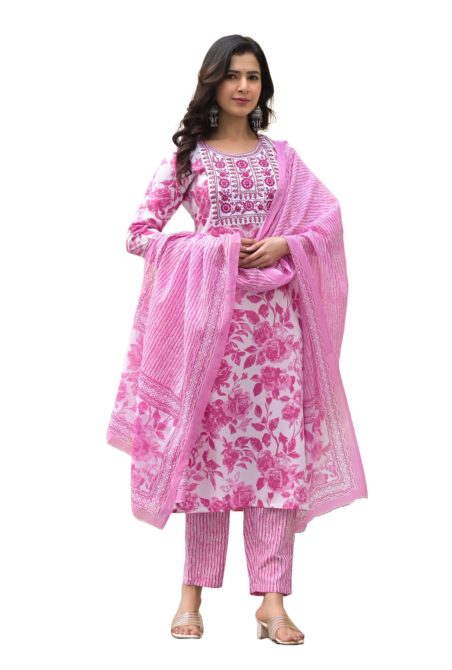 Women Pink, White Floral Print Viscose Rayon Kurta, Pant And Dupatta Set