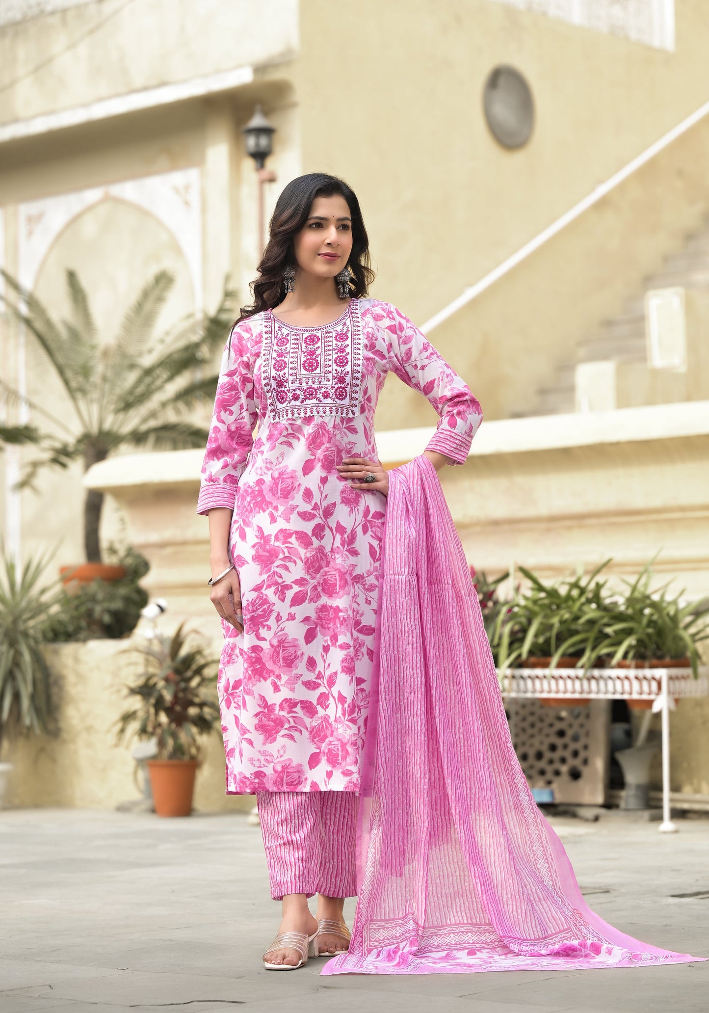 Women Pink, White Floral Print Viscose Rayon Kurta, Pant And Dupatta Set