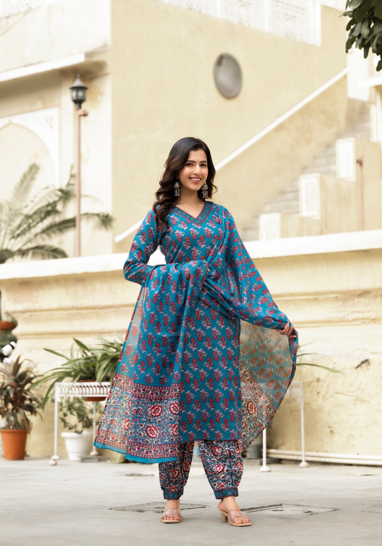 Women Blue Floral Print, Embellished Viscose Rayon Kurta, Pant And Dupatta Set