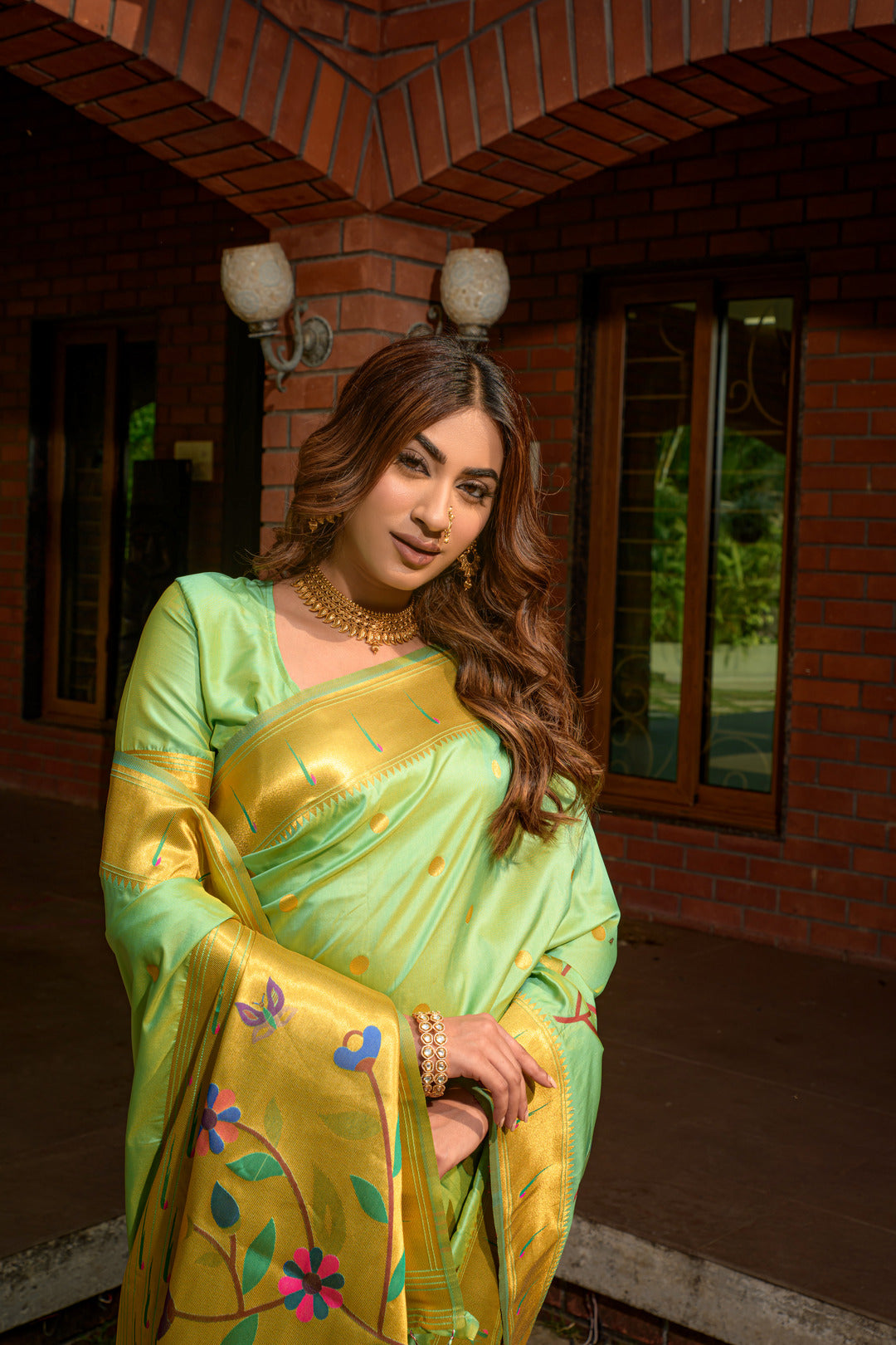 Dhiyona GR Women's Butterfly Pista Green Zari Paithani Silk Saree