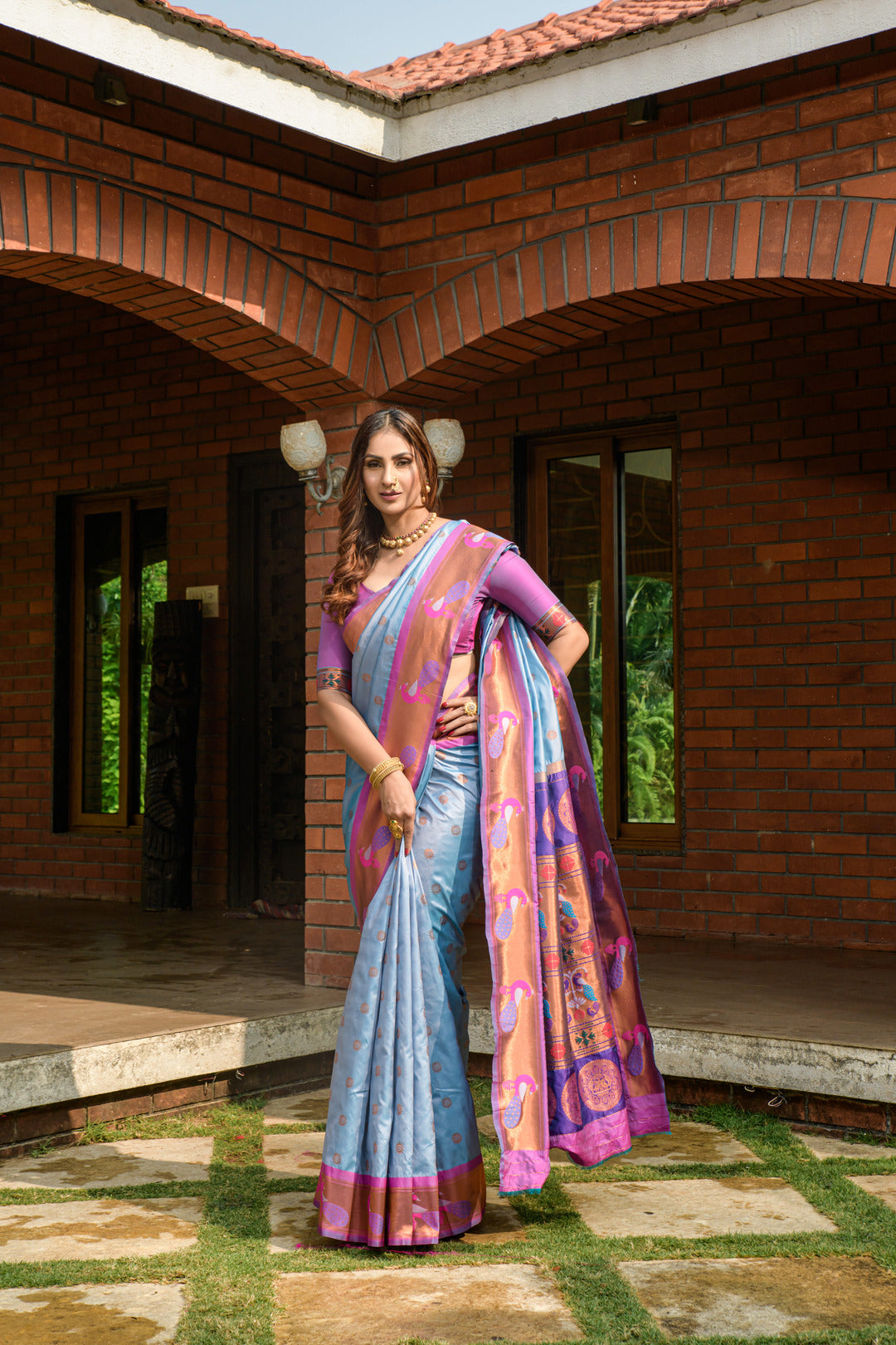 Dhiyona GR Women's Priyanka Sky Blue Zari Paithani Silk Saree