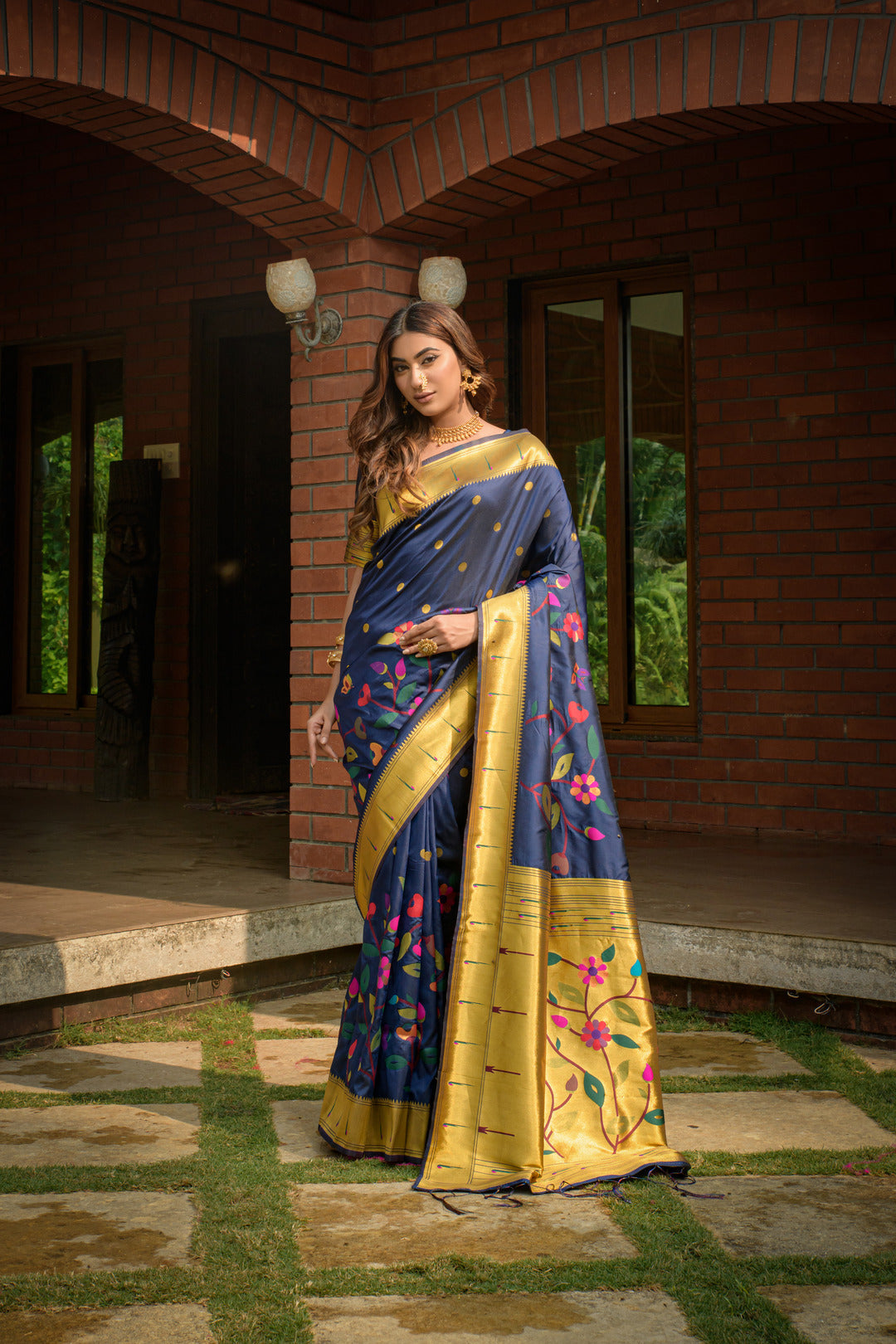 Dhiyona GR Women's Butterfly Navy Blue Zari Paithani Silk Saree