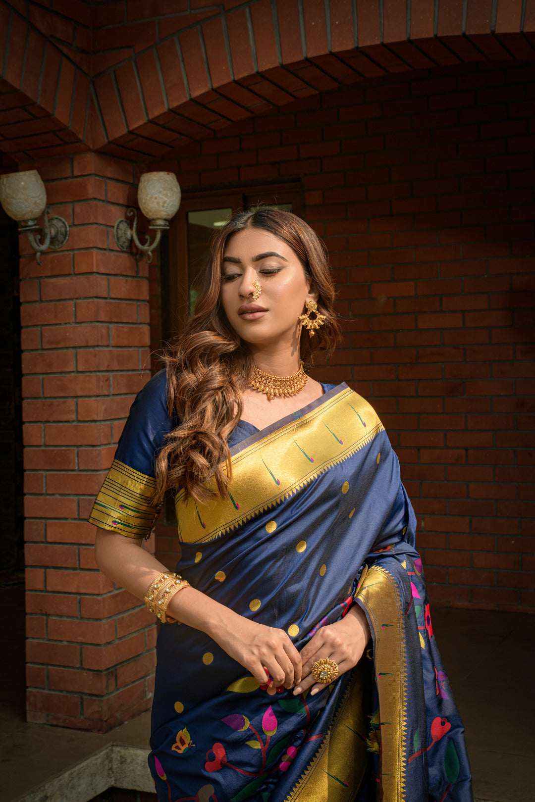 Dhiyona GR Women's Butterfly Navy Blue Zari Paithani Silk Saree