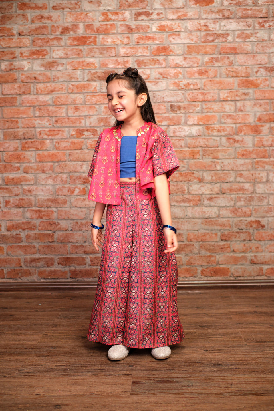 Ethnic Twist Girls Red Print Flared Palazzo with Top and Jacket Girls Co-ordinate set