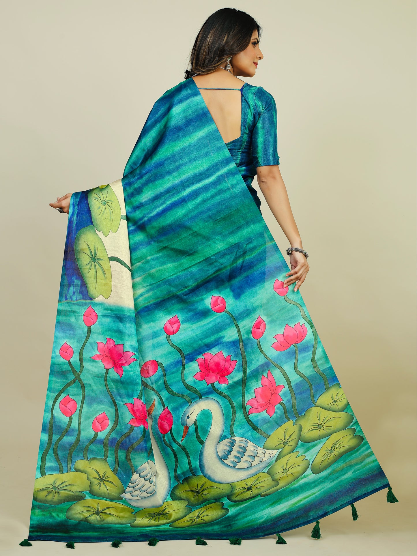 Women's Tussar Silk Blue Printed Designer Saree With Blouse Piece