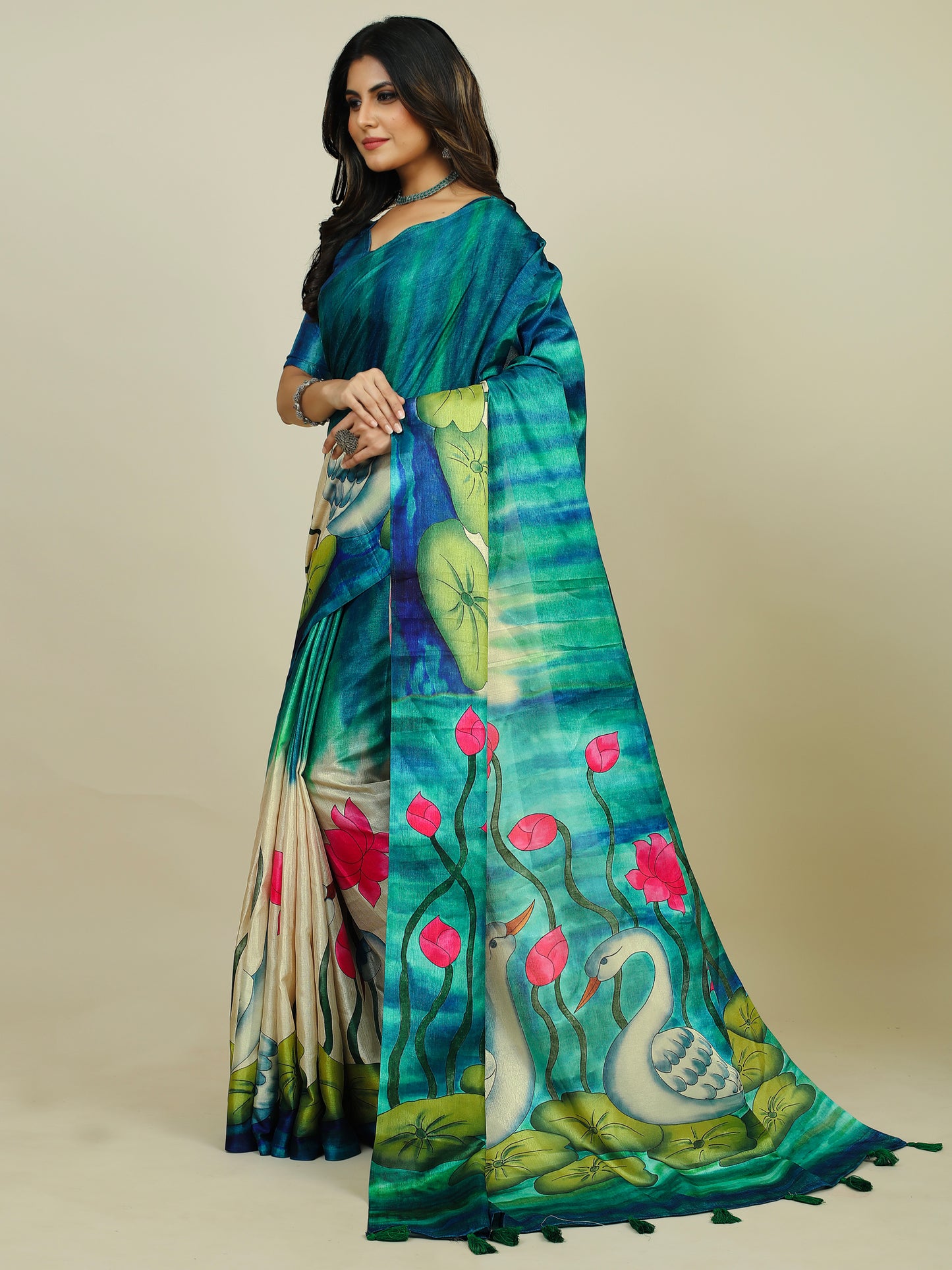 Women's Tussar Silk Blue Printed Designer Saree With Blouse Piece
