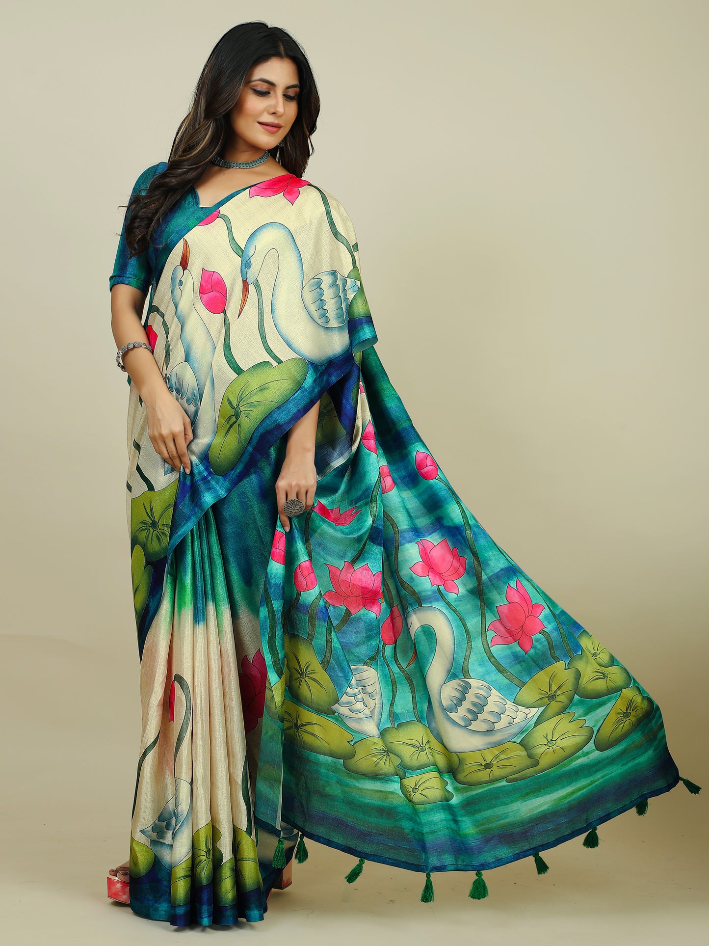 Women's Tussar Silk Blue Printed Designer Saree With Blouse Piece