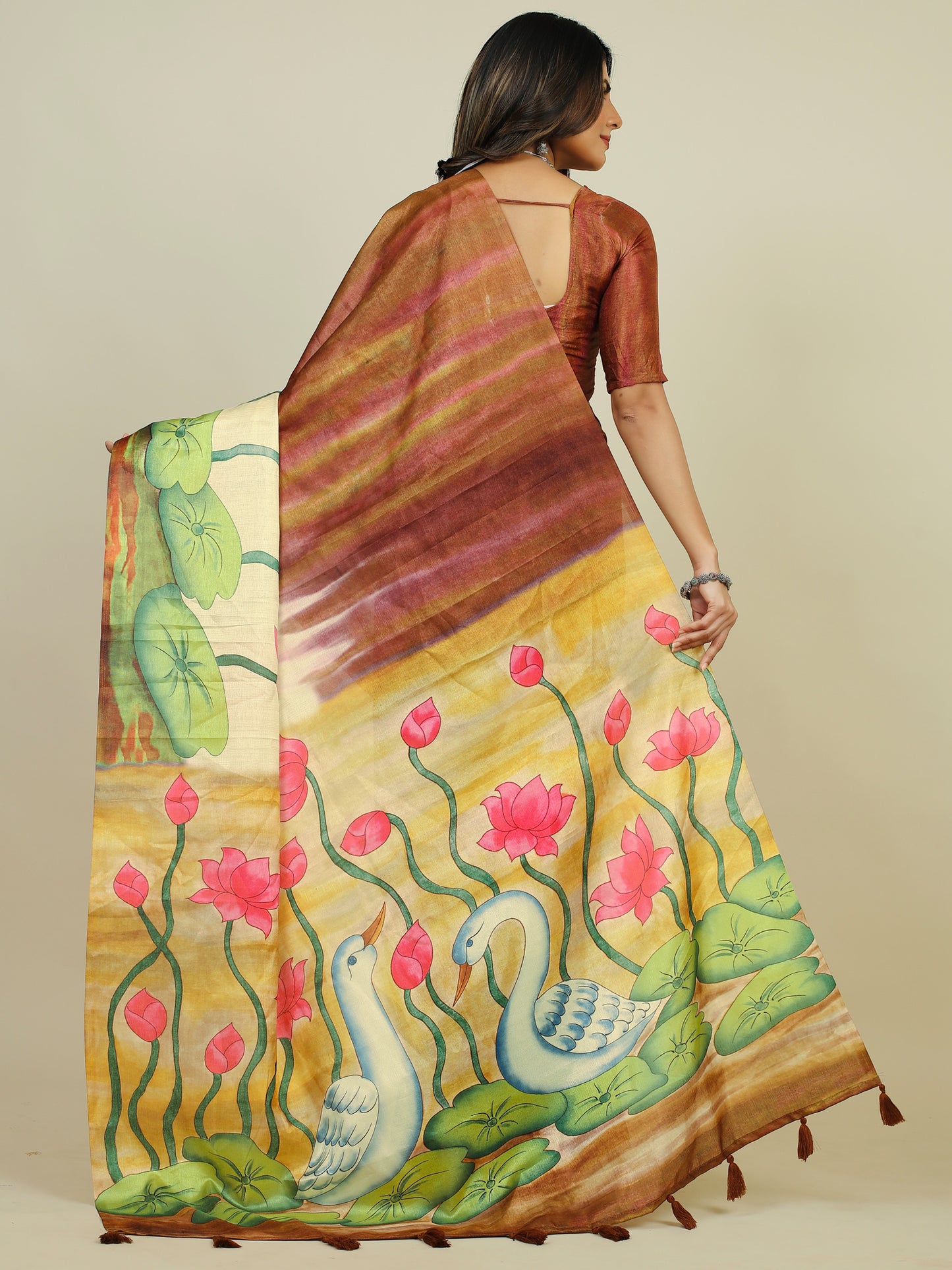 Women's Tussar Silk Brown Printed Designer Saree With Blouse Piece