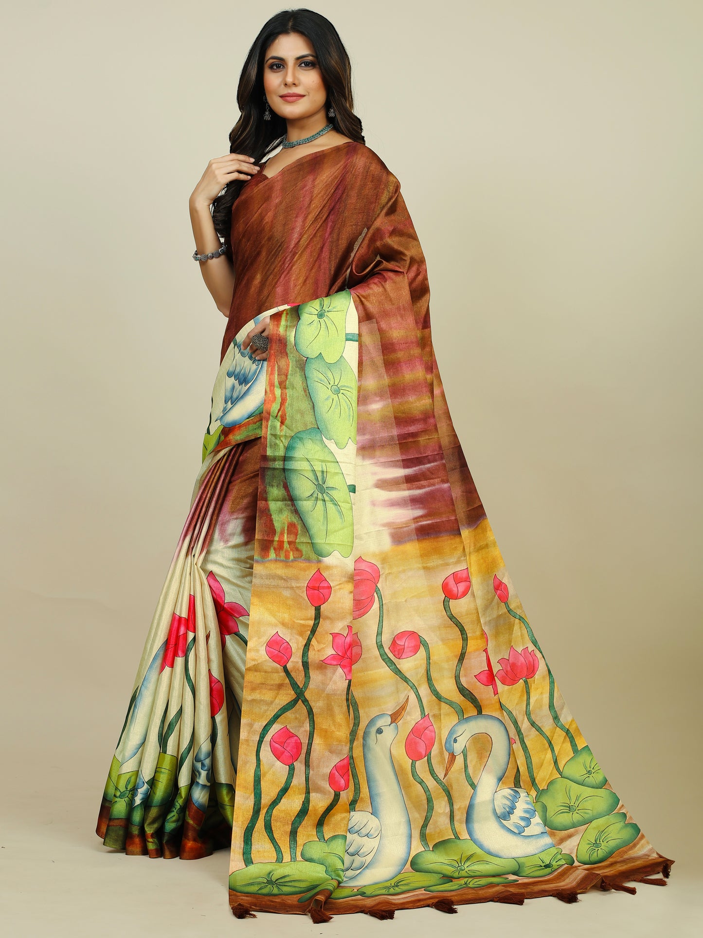 Women's Tussar Silk Brown Printed Designer Saree With Blouse Piece