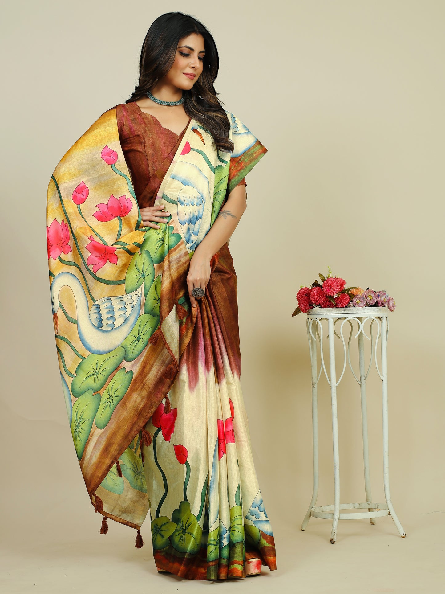 Women's Tussar Silk Brown Printed Designer Saree With Blouse Piece