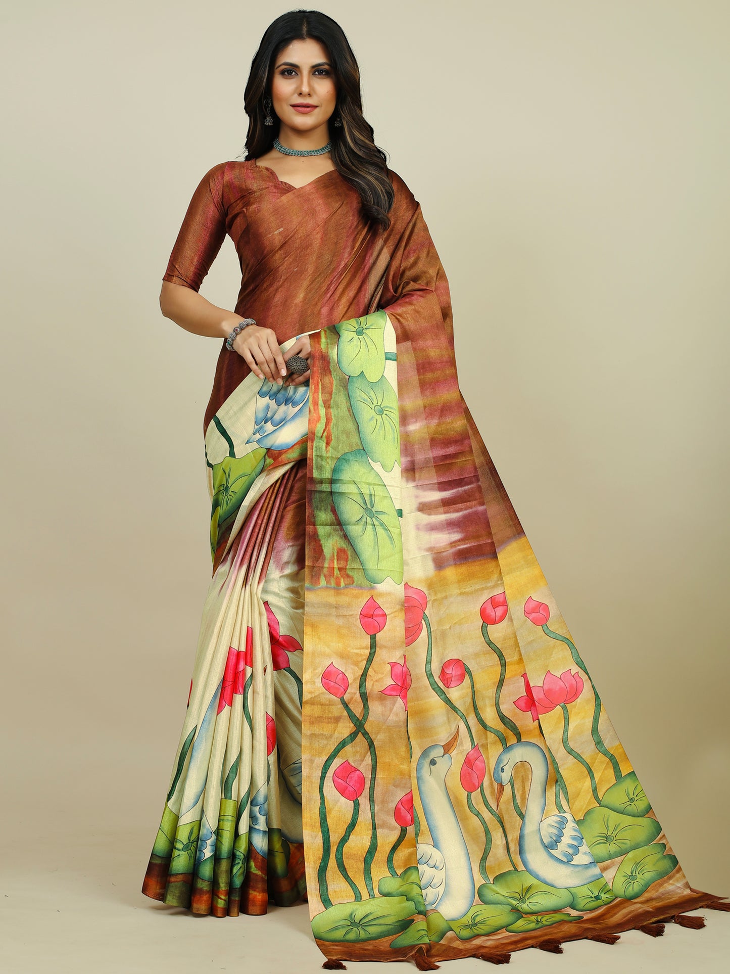 Women's Tussar Silk Brown Printed Designer Saree With Blouse Piece