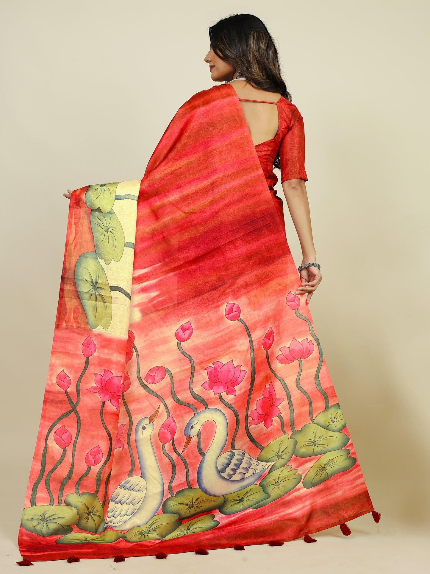 Women's Tussar Silk Red Printed Designer Saree With Blouse Piece