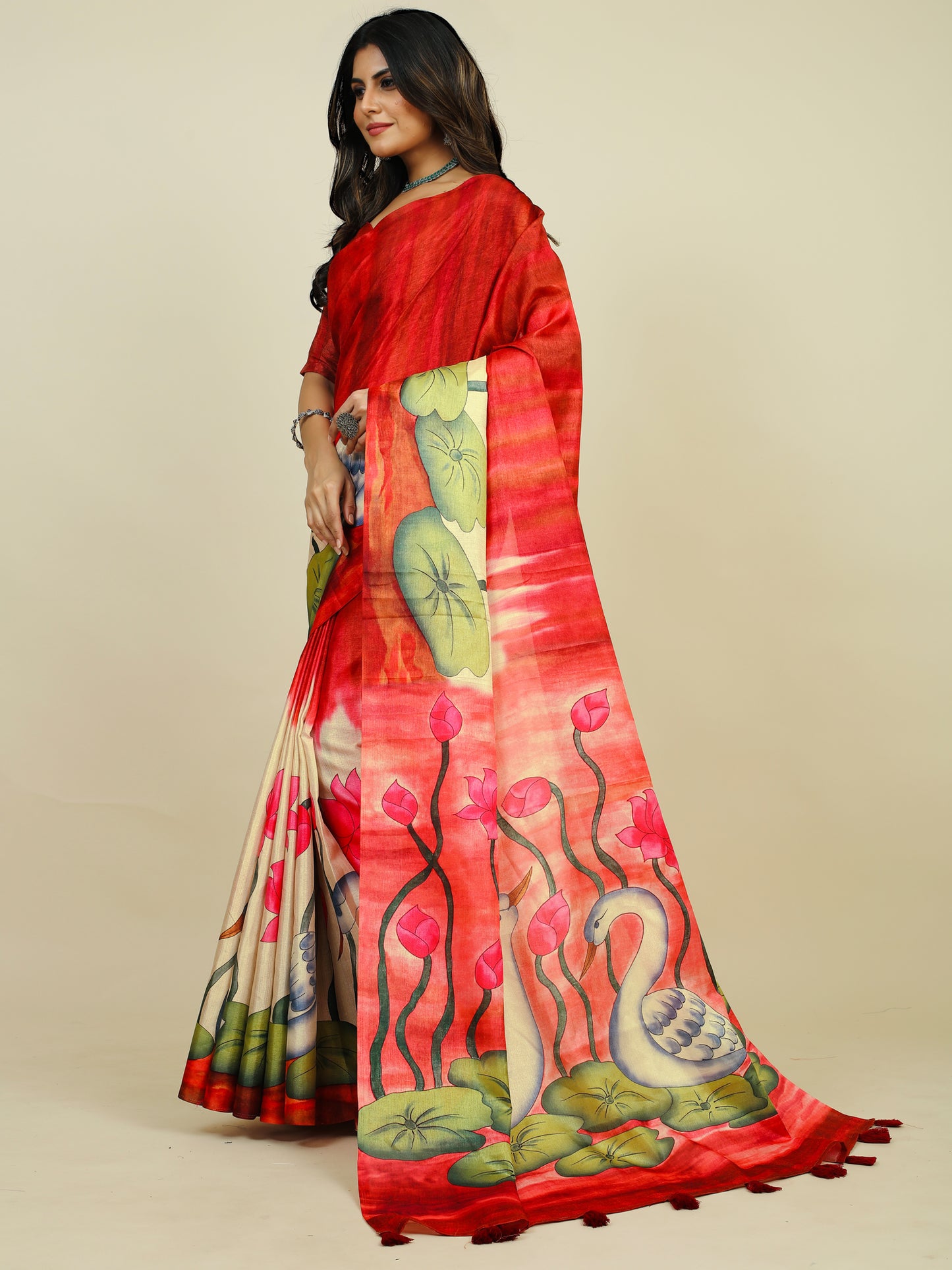 Women's Tussar Silk Red Printed Designer Saree With Blouse Piece