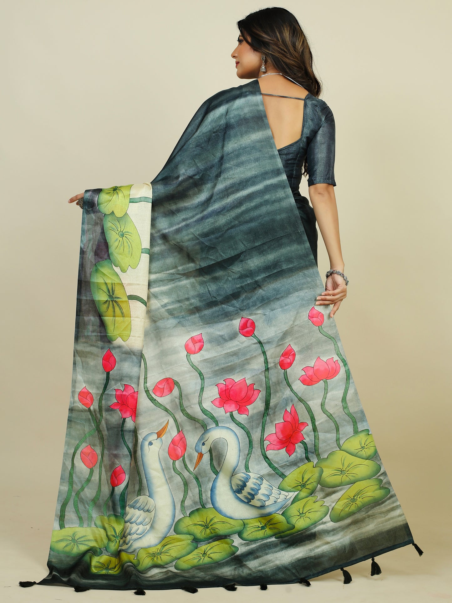 Women's Tussar Silk Black Printed Designer Saree With Blouse Piece