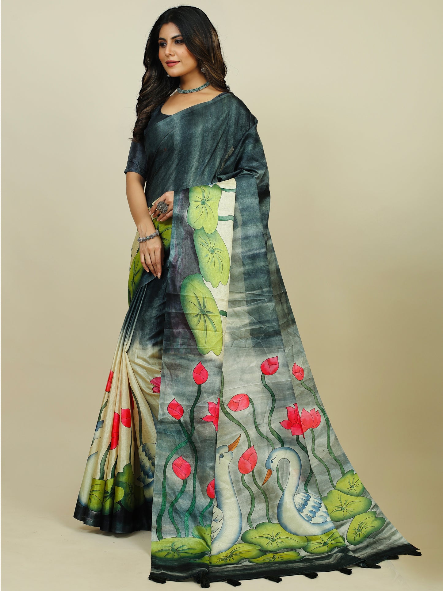 Women's Tussar Silk Black Printed Designer Saree With Blouse Piece