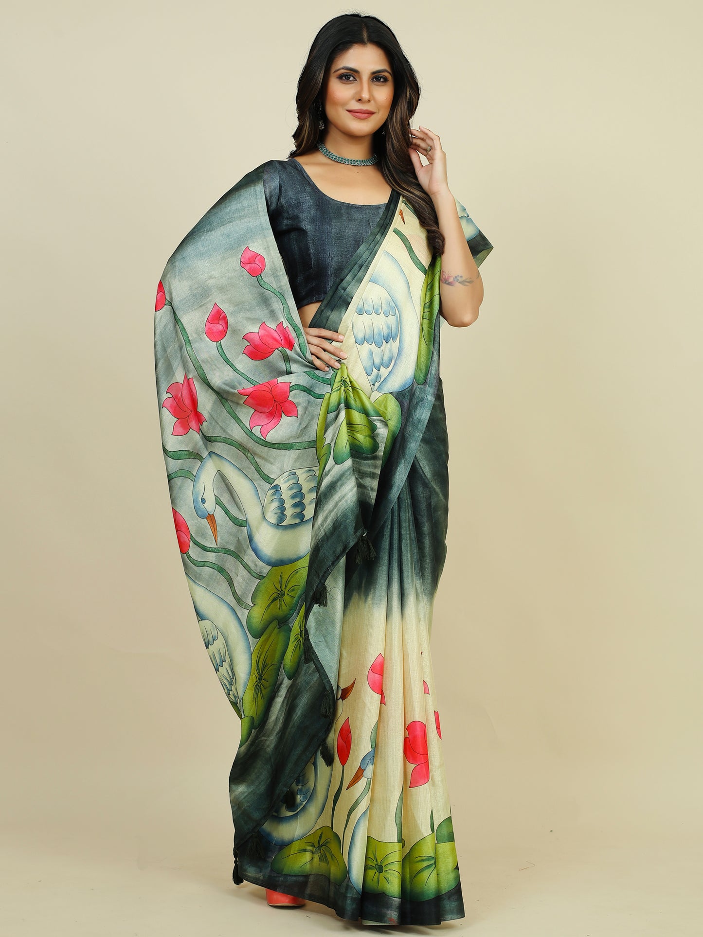 Women's Tussar Silk Black Printed Designer Saree With Blouse Piece