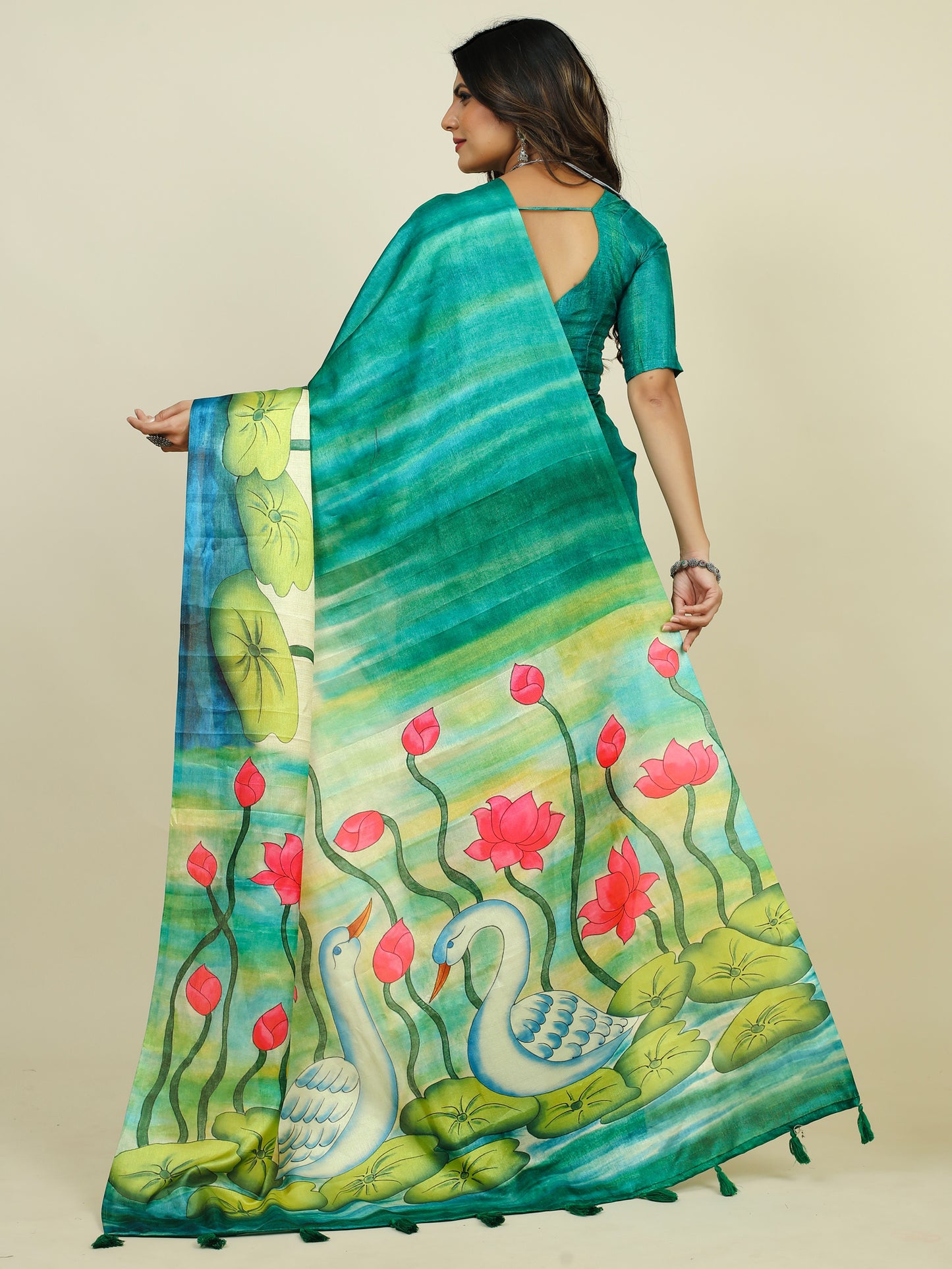 Women's Tussar Silk Sea Green Printed Designer Saree With Blouse Piece
