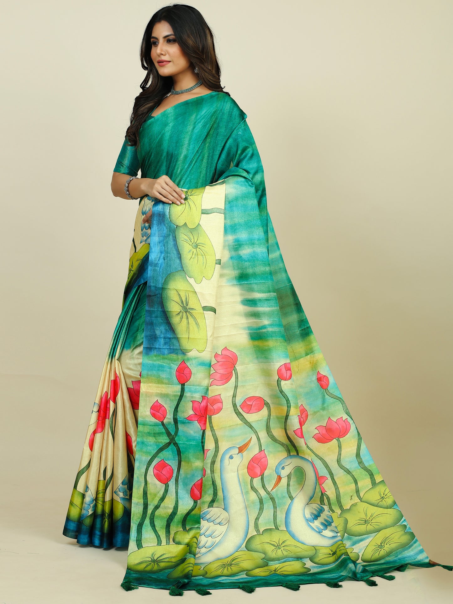Women's Tussar Silk Sea Green Printed Designer Saree With Blouse Piece