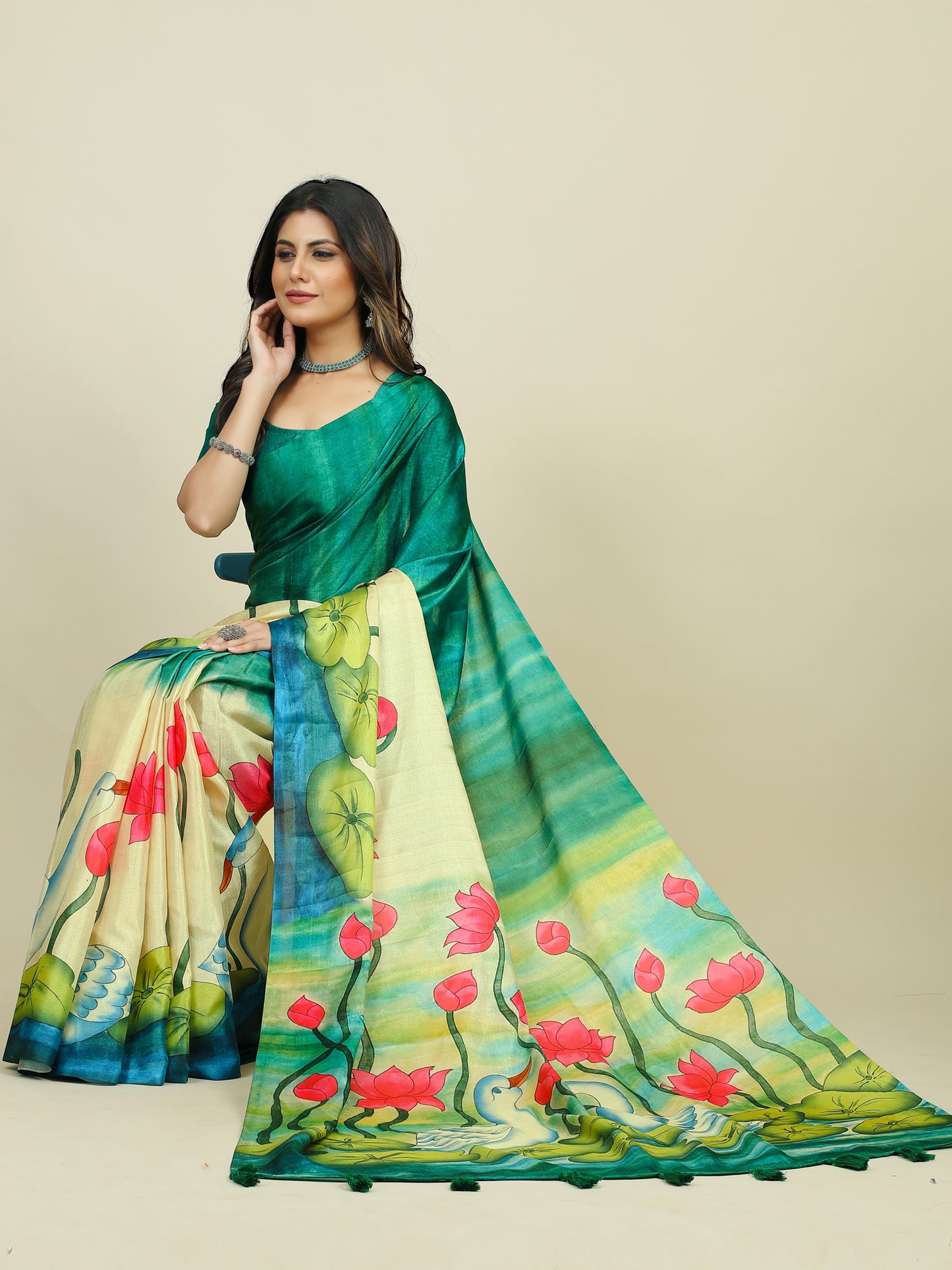 Women's Tussar Silk Sea Green Printed Designer Saree With Blouse Piece