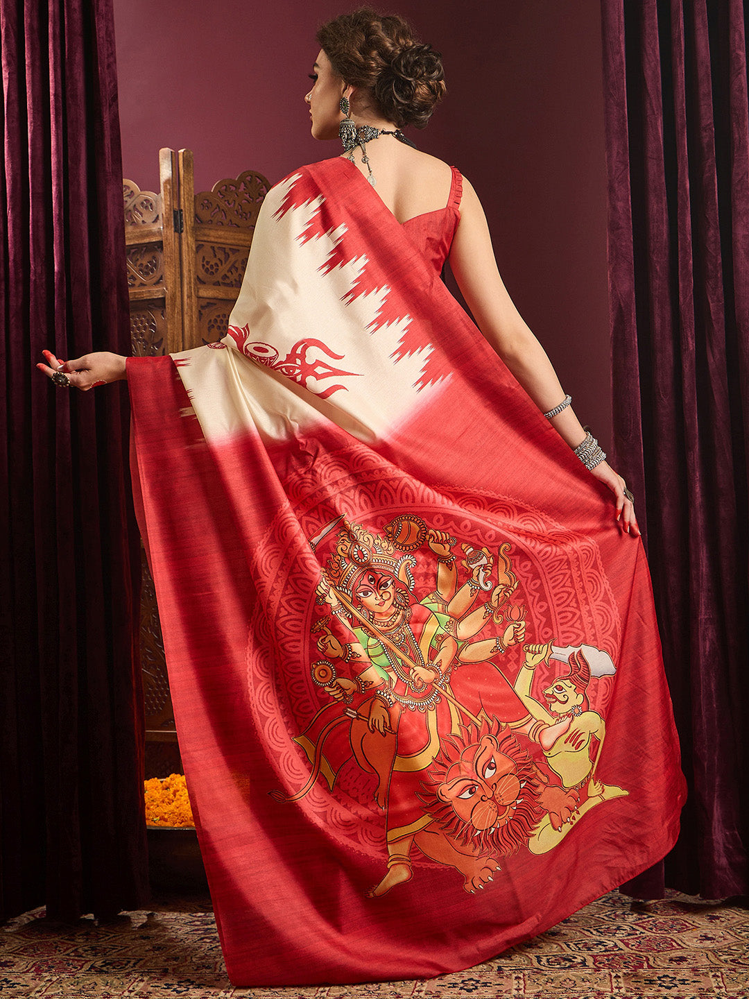 Women's Silk Blend Off White Printed Celebrity Saree With Blouse Piece