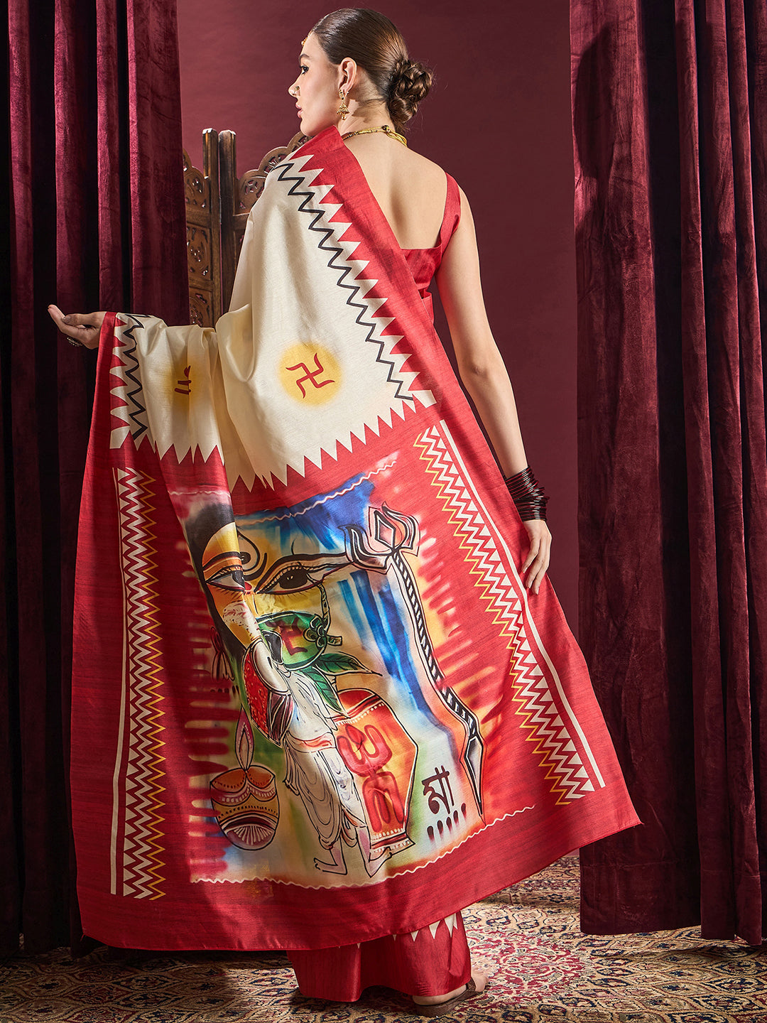 Women's Silk Blend Off White Printed Celebrity Saree With Blouse Piece