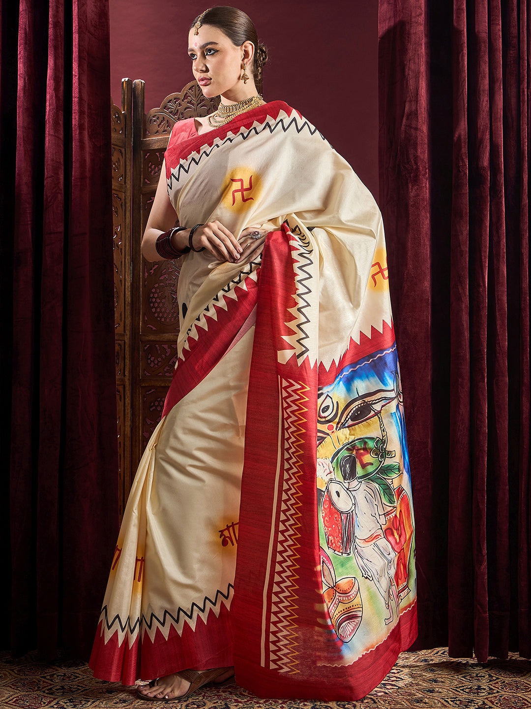Women's Silk Blend Off White Printed Celebrity Saree With Blouse Piece
