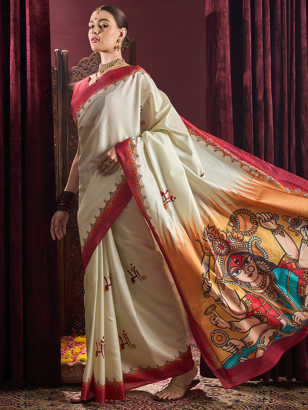 Women's Silk Blend Off White Printed Celebrity Saree With Blouse Piece