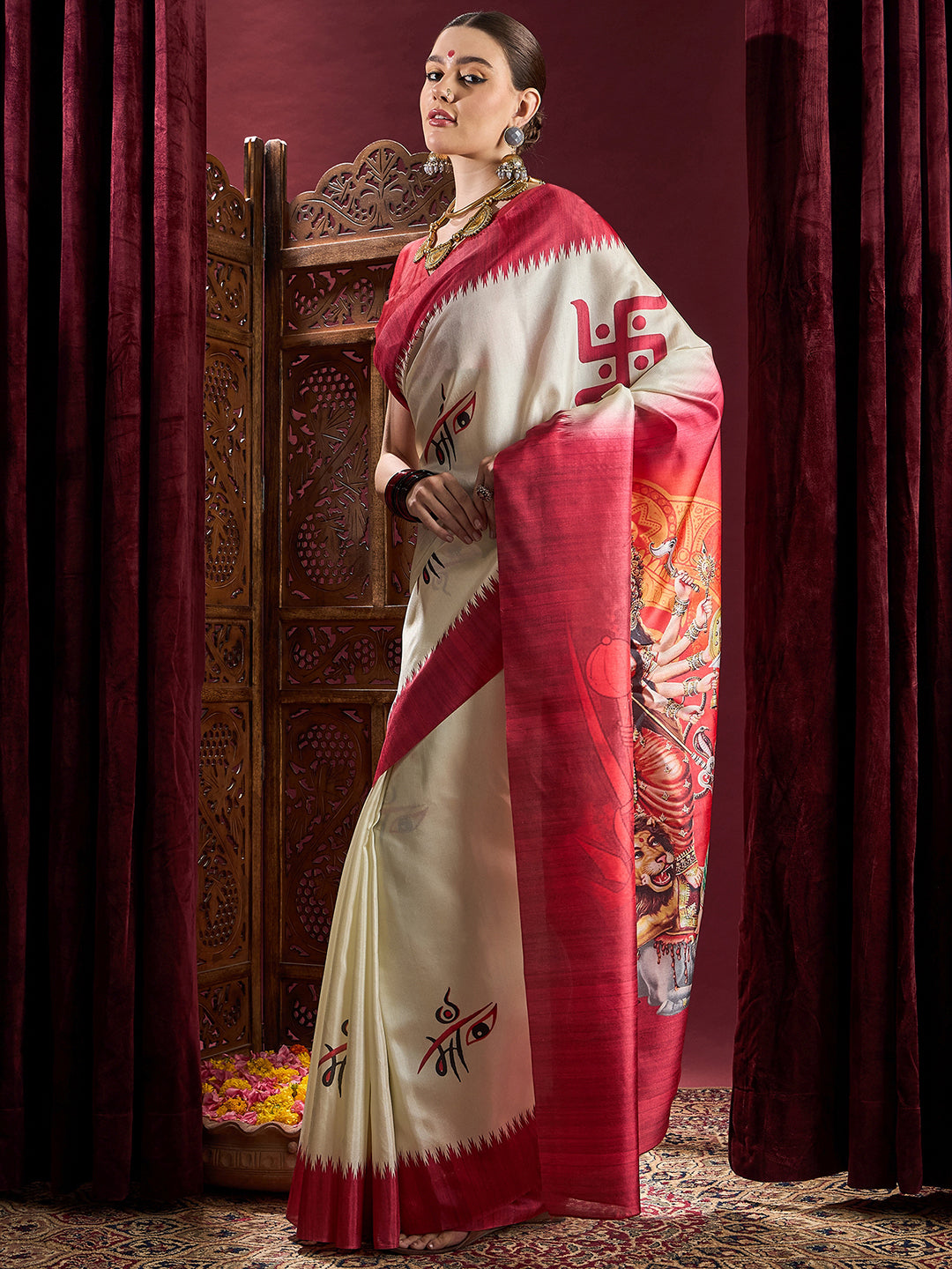 Women's Silk Blend Off White Printed Celebrity Saree With Blouse Piece