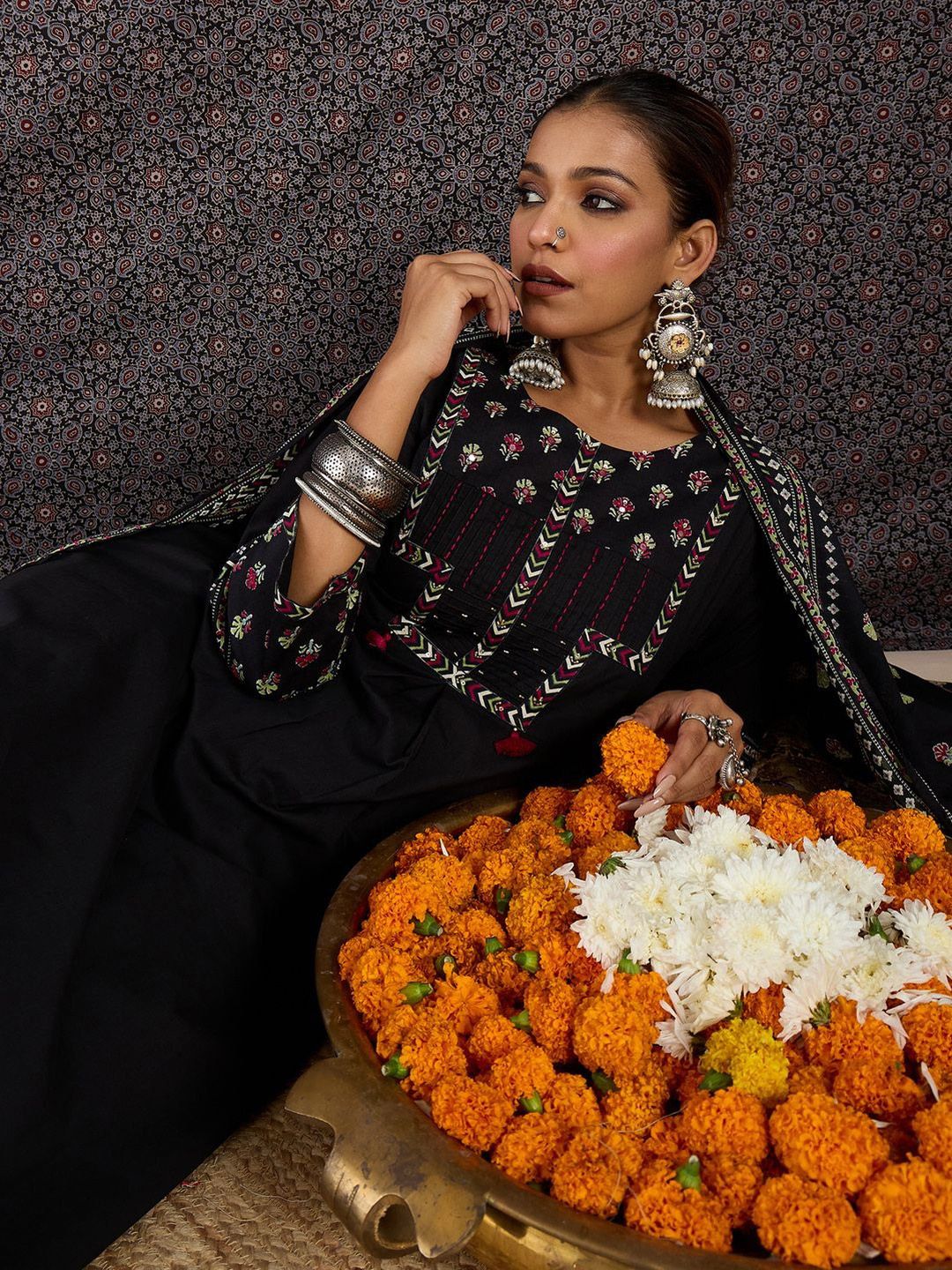 Floral Printed Thread Work Pure Cotton Kurta With Palazzos & Dupatta