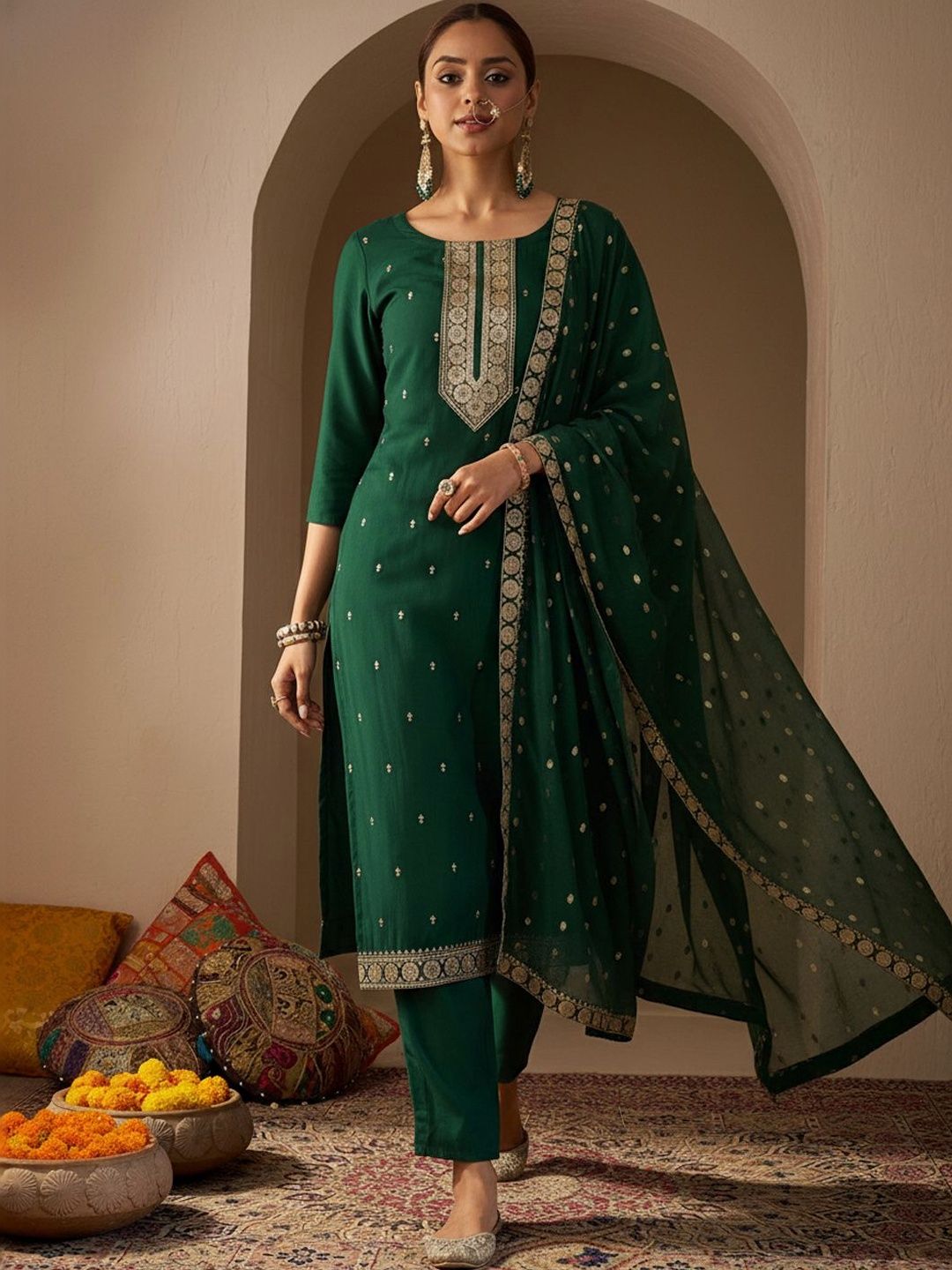 Women Ethnic Motifs Embroidered Regular Thread Work Kurta with Trousers & With Dupatta