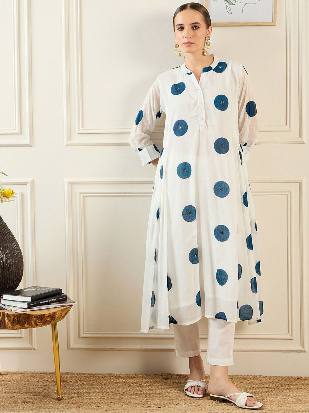 Dhiyona IE Geometric Printed Band Collar Pure Cotton A-Line Kurta with Trousers & Dupatta