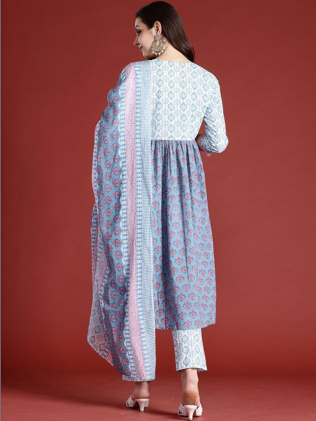 Women Ethnic Motifs Printed Empire Mirror Work Pure Cotton Kurta with Trousers & With Dupatta