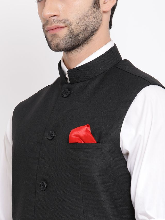 Men's Black Cotton Silk Straight Nehru Jacket