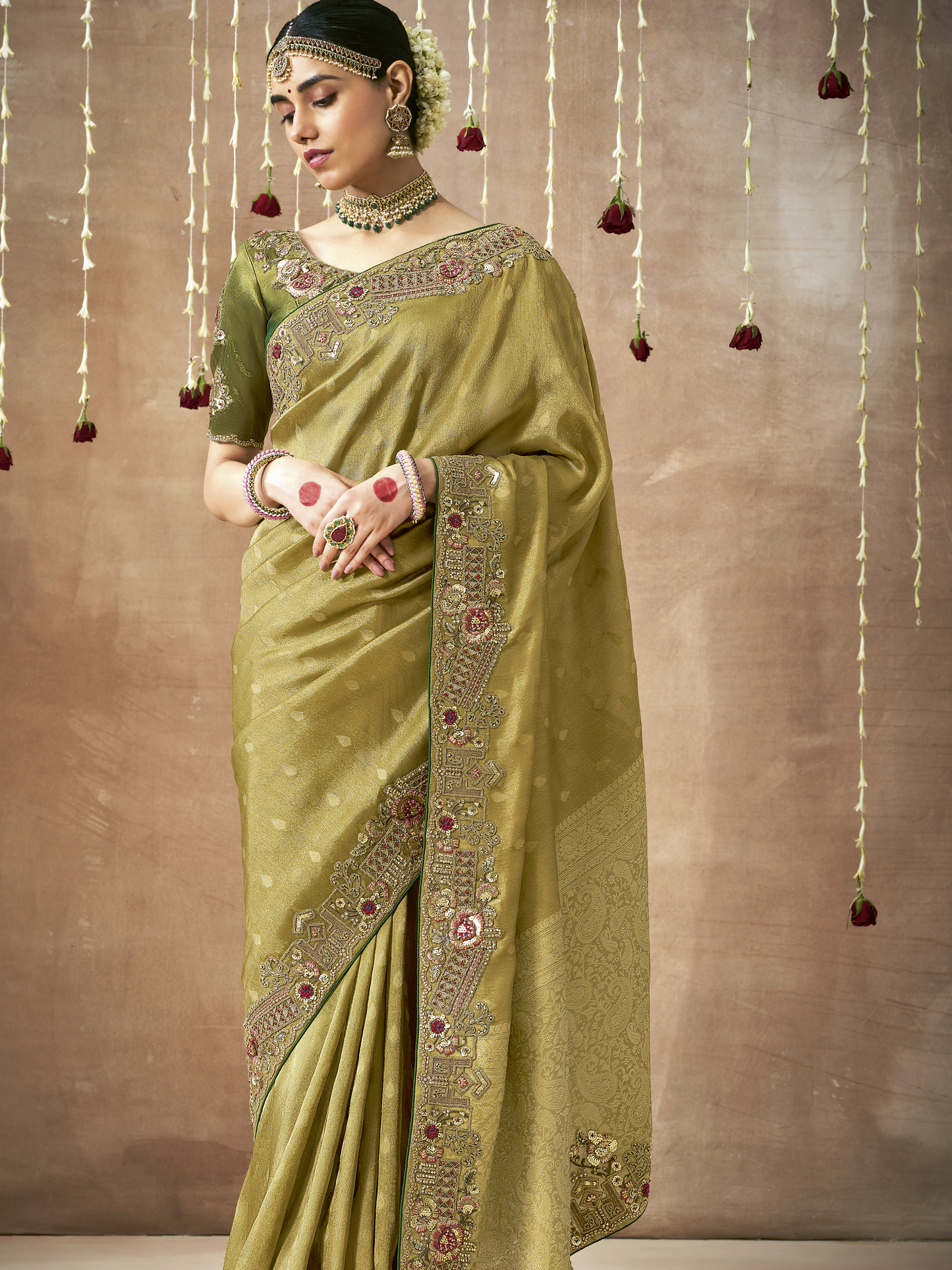 Dhiyona KM Women Olive Green Tissue Dola Silk Saree