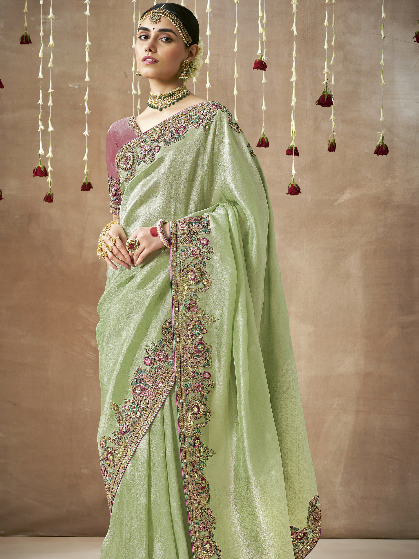 Dhiyona KM Women Green Bridal Pure Tissue Dola Silk Saree