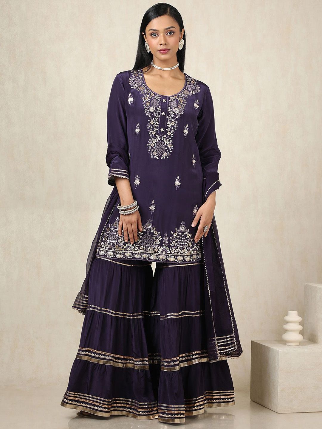 Dhiyona SO Women's Floral Embroidered Mirror Work Round Neck Straight Kurta With Sharara & Dupatta
