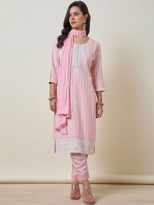 Dhiyona SO Women's Embroidered Thread Work Straight Kurta with Trousers & Dupatta