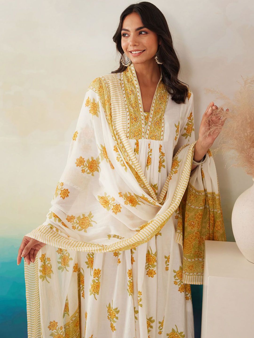 Floral Printed Pleated Beads and Stones Pure Cotton Kurta With Trousers & Dupatta