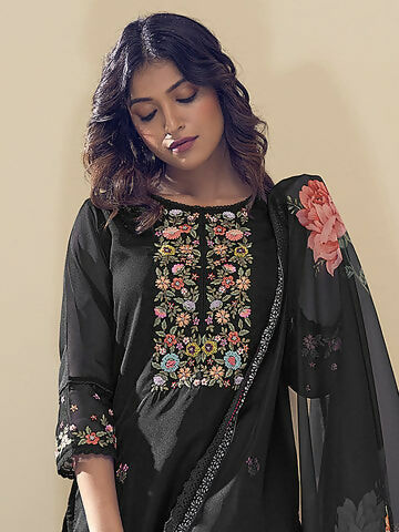 Women's Black Embroidered Straight Kurta Trousers With Dupatta Set